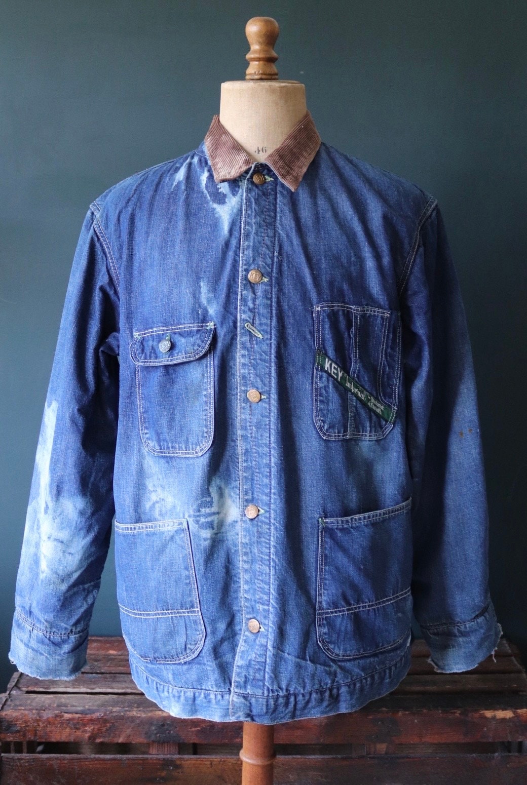 Vintage 1960s 60s 1970s 70s Key Imperial indigo blue denim blanket lined barn chore jacket workwear work chore 48” chest Troy