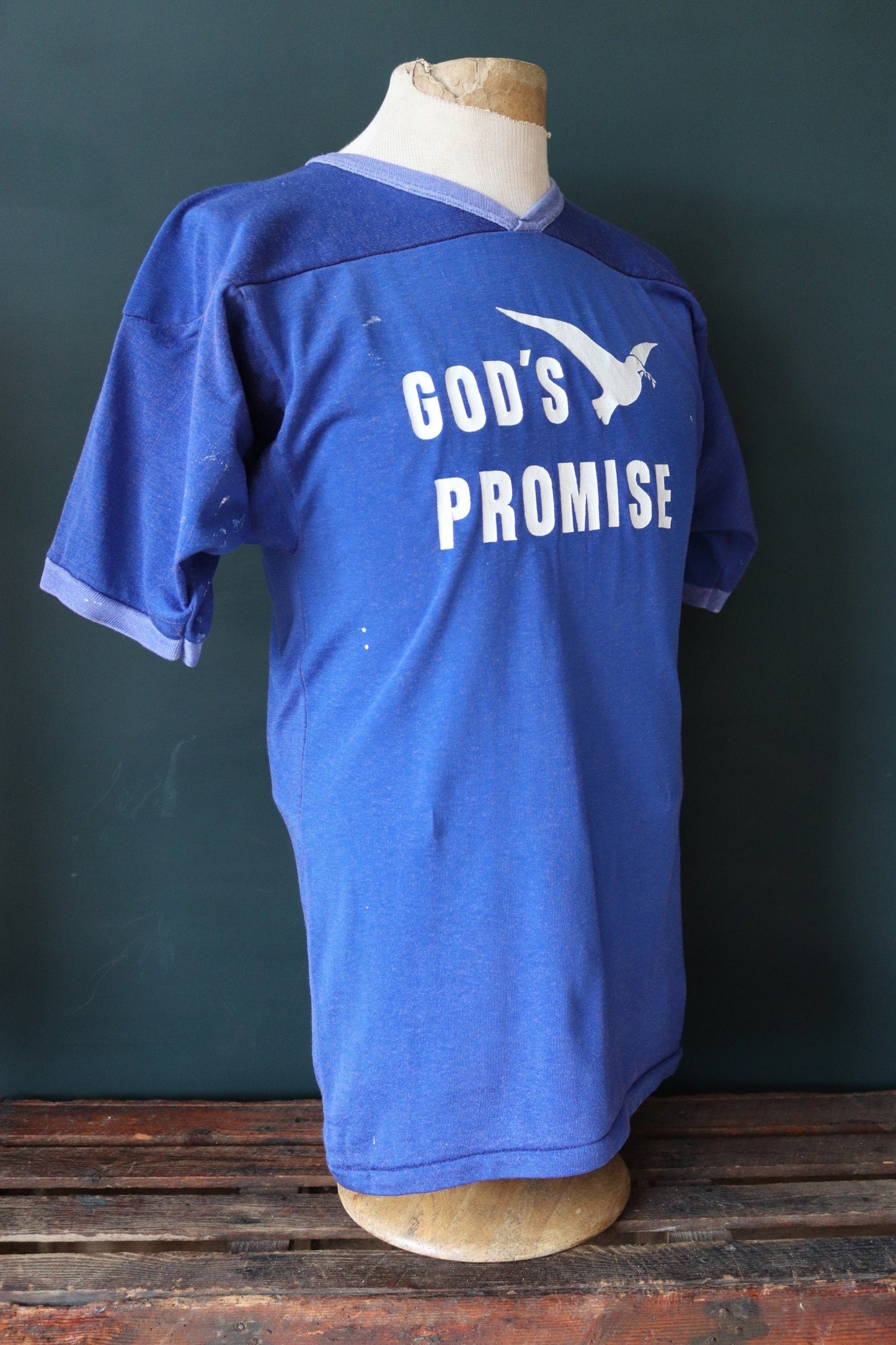 Vintage 1970s 70s 1980s 80s Gods Promise blue nylon durene shirt sports sportswear ringer 36” chest football sportswear sports