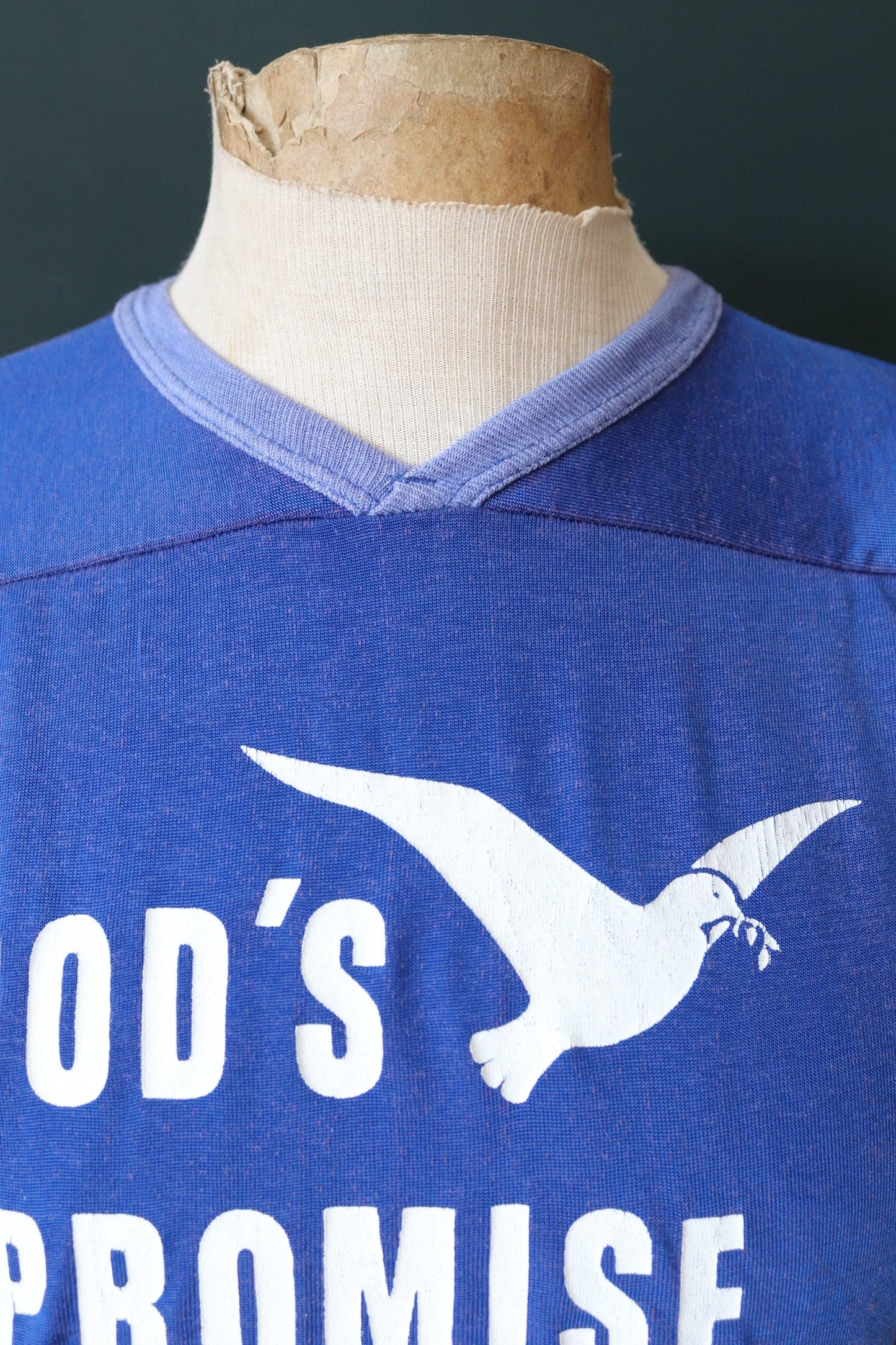 Vintage 1970s 70s 1980s 80s Gods Promise blue nylon durene shirt sports sportswear ringer 36” chest football sportswear sports