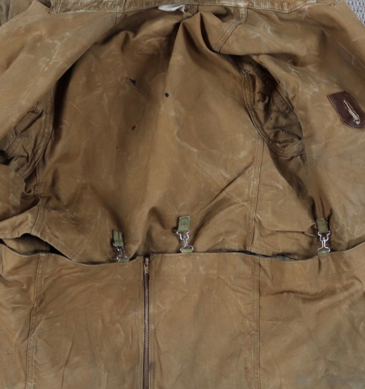 Vintage 1930s 30s tin cloth duck cotton canvas hunting shooting jacket 45” chest Red Head American workwear work chore