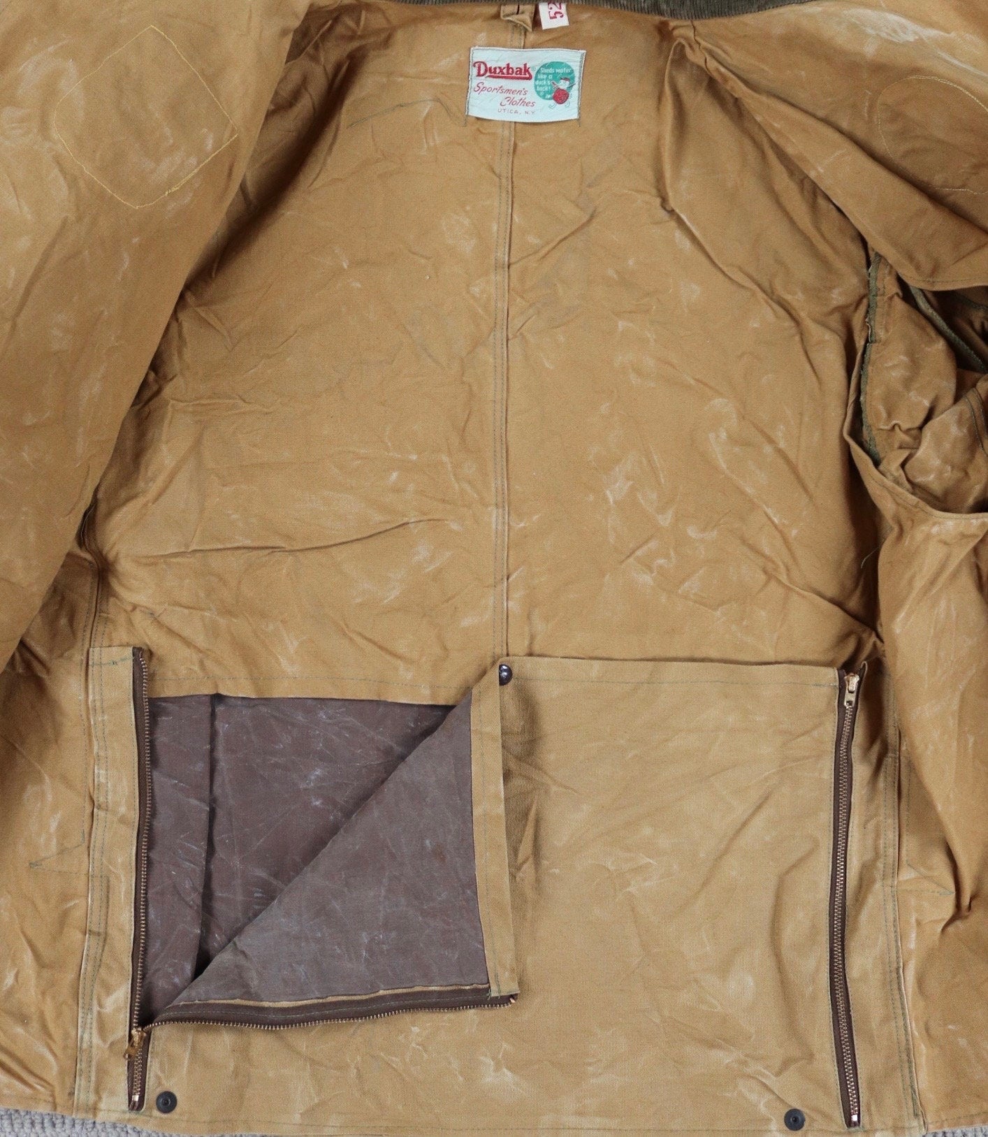 Vintage 1940s 40s 1950s 50s Duxbak duck cotton canvas tin cloth hunting shooting jacket 56” chest workwear work chore