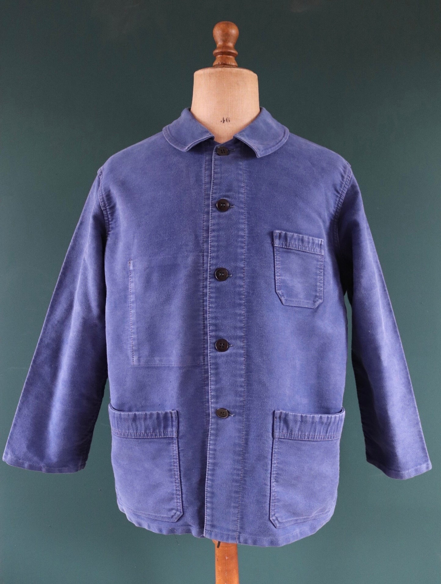 Vintage French blue jacket moleskin work workwear chore faded 47” chest bleu de travail Dumont D’Urville