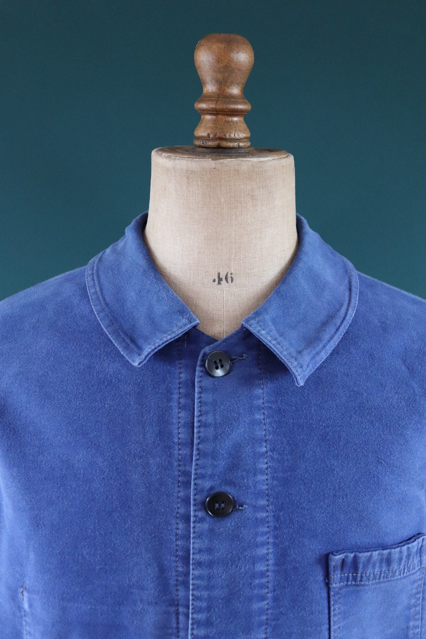 Vintage French blue jacket moleskin work workwear chore faded 47” chest bleu de travail Dumont D’Urville