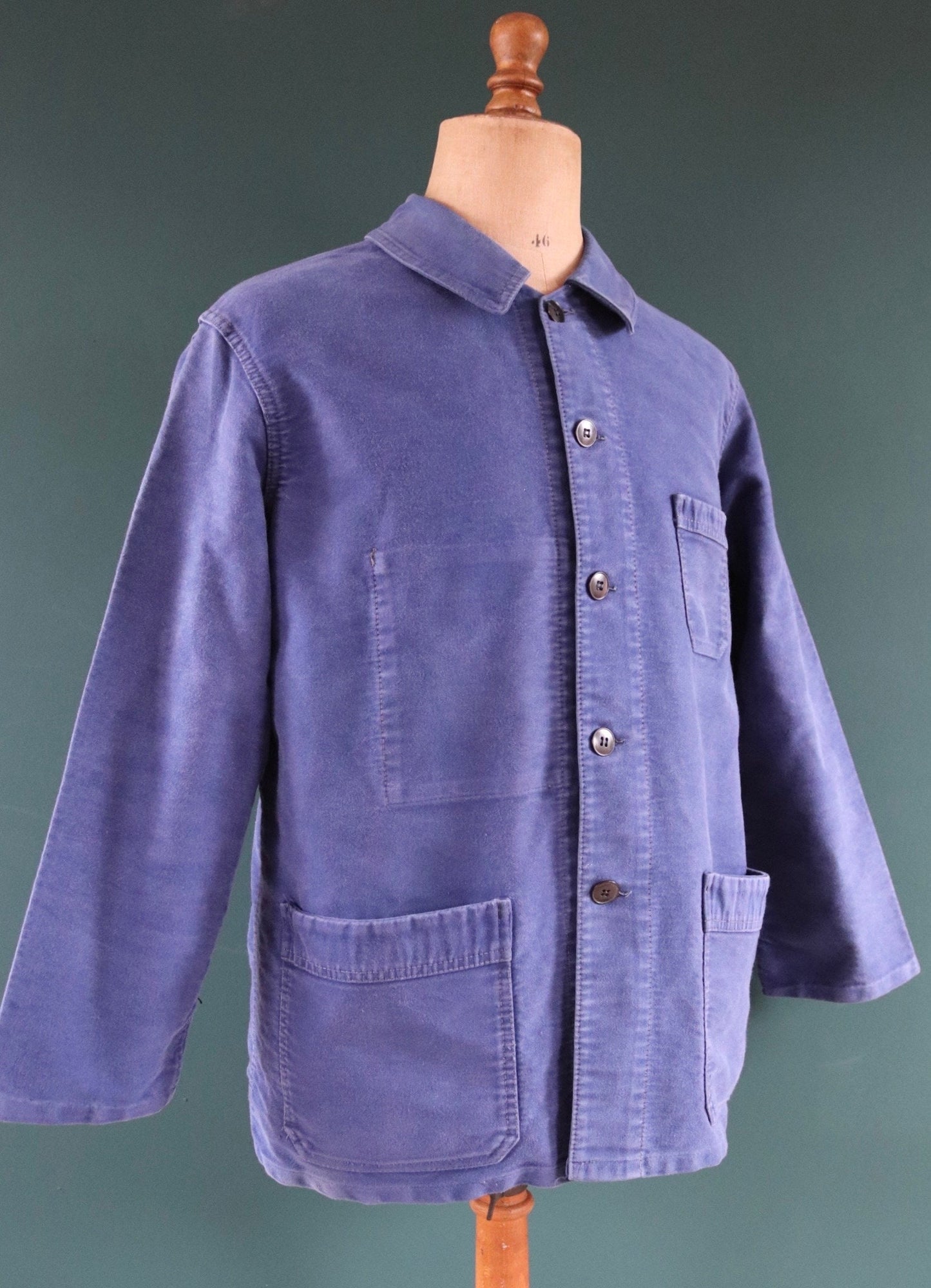 Vintage French blue jacket moleskin work workwear chore faded 47” chest bleu de travail Dumont D’Urville