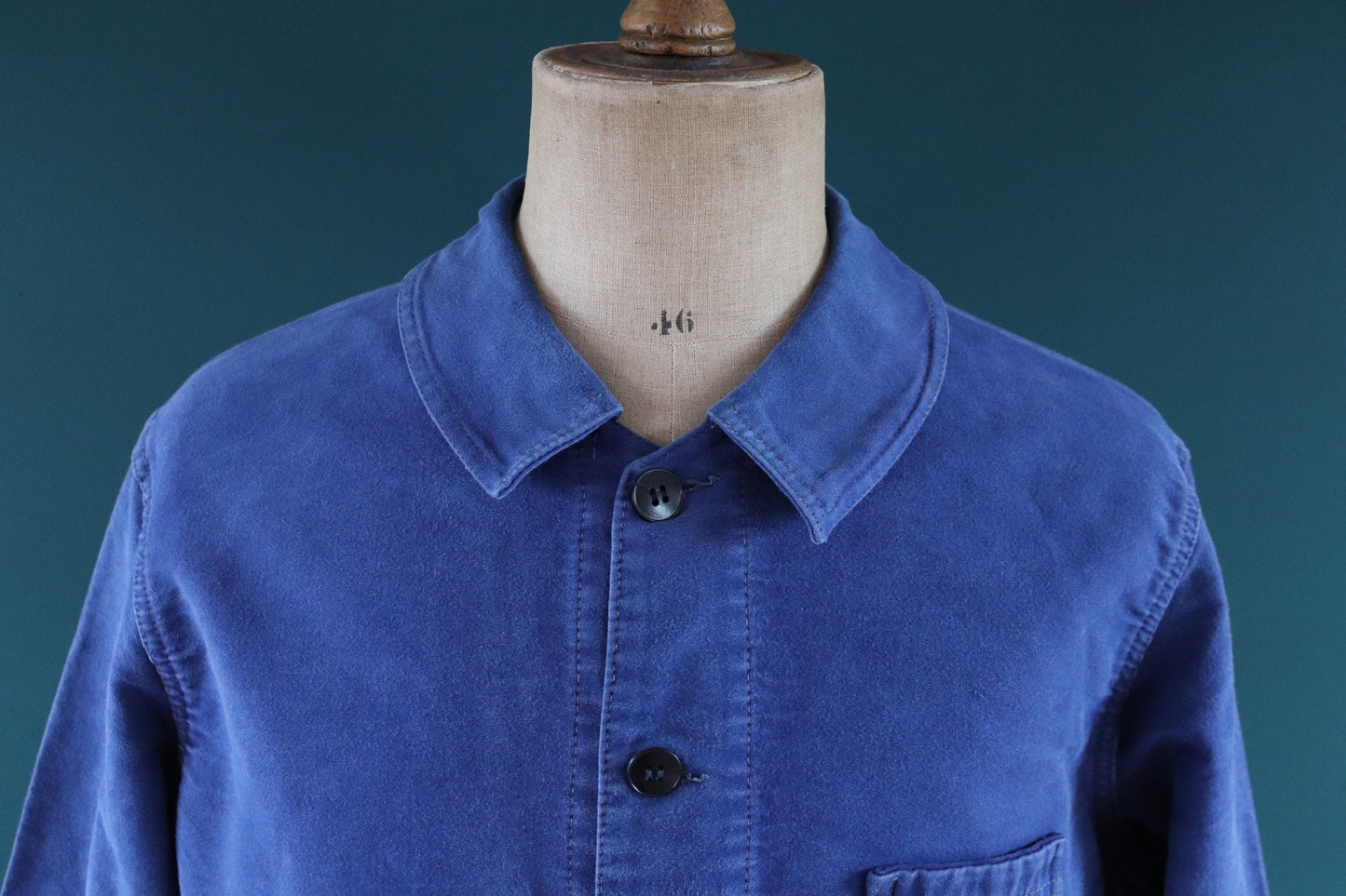 Vintage French blue jacket moleskin work workwear chore faded 47” chest bleu de travail Dumont D’Urville