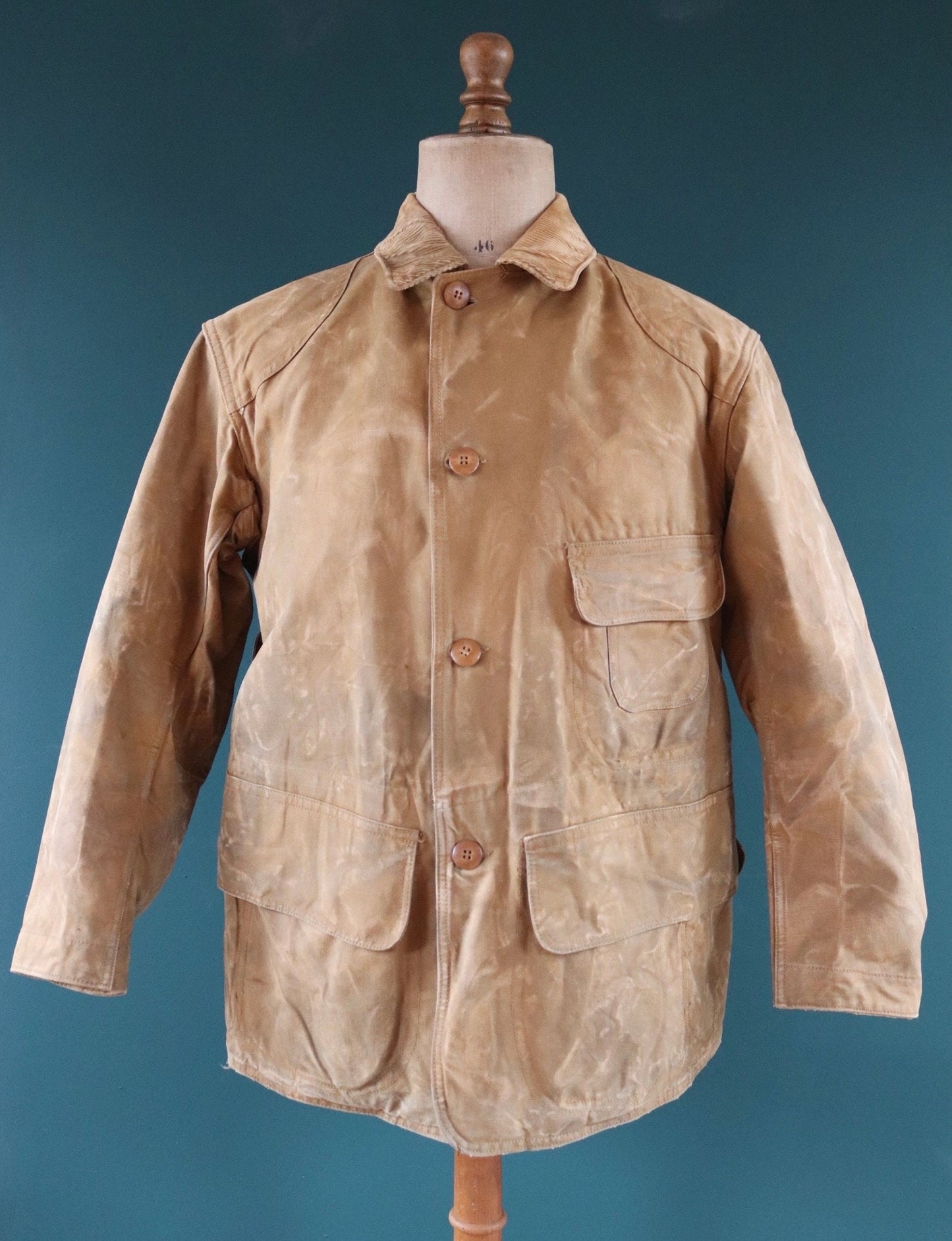 Vintage 1930s 30s tin cloth duck cotton canvas hunting shooting jacket 45” chest Red Head American workwear work chore