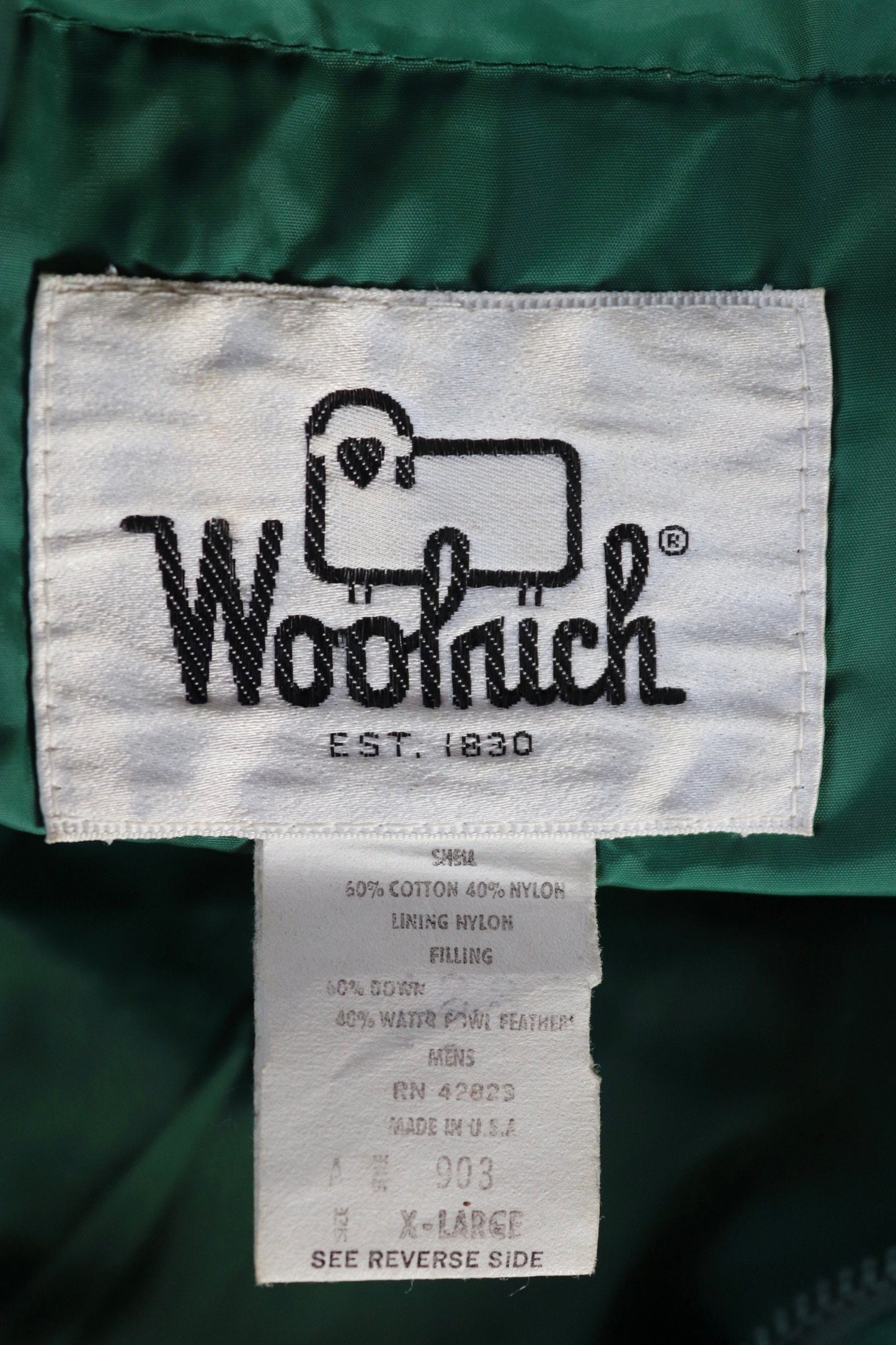 Vintage 1980s 80s green Woolrich padded puffer gilet down feather vest waistcoat trucker windbreaker winter insulated 52" chest
