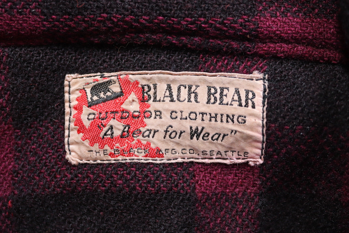 Vintage 1950s 50s Black Bear burgundy red black wool buffalo plaid checked mackinaw cruiser shirt jacket 47” chest Union Made CPO Filson