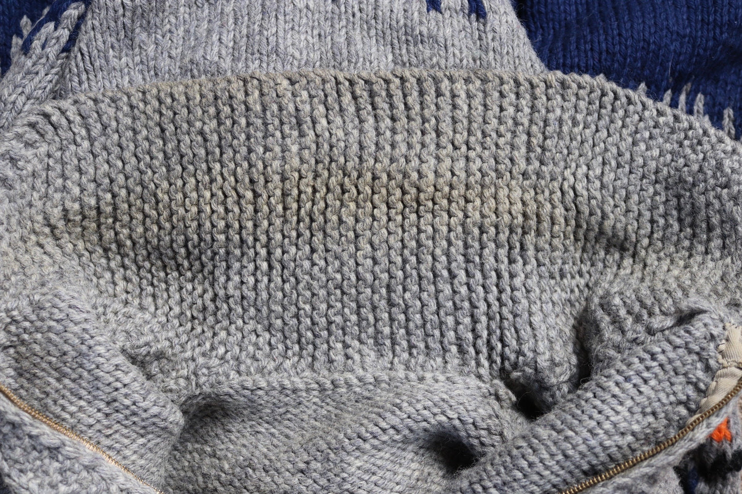 Vintage 1960s 60s hand knitted grey blue orange thick wool cowichan sweater cardigan jumper knit zipper shawl collar 50” chest