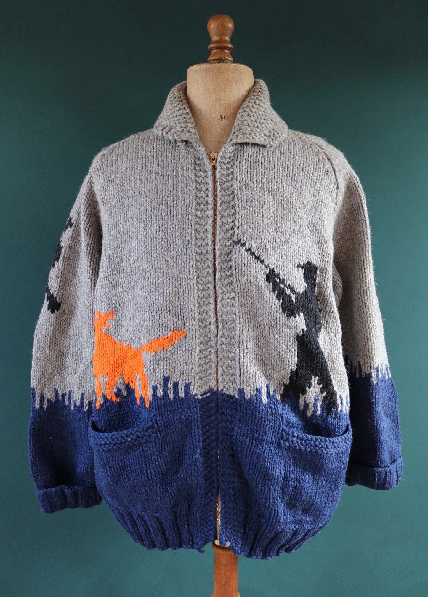 Vintage 1960s 60s hand knitted grey blue orange thick wool cowichan sweater cardigan jumper knit zipper shawl collar 50” chest