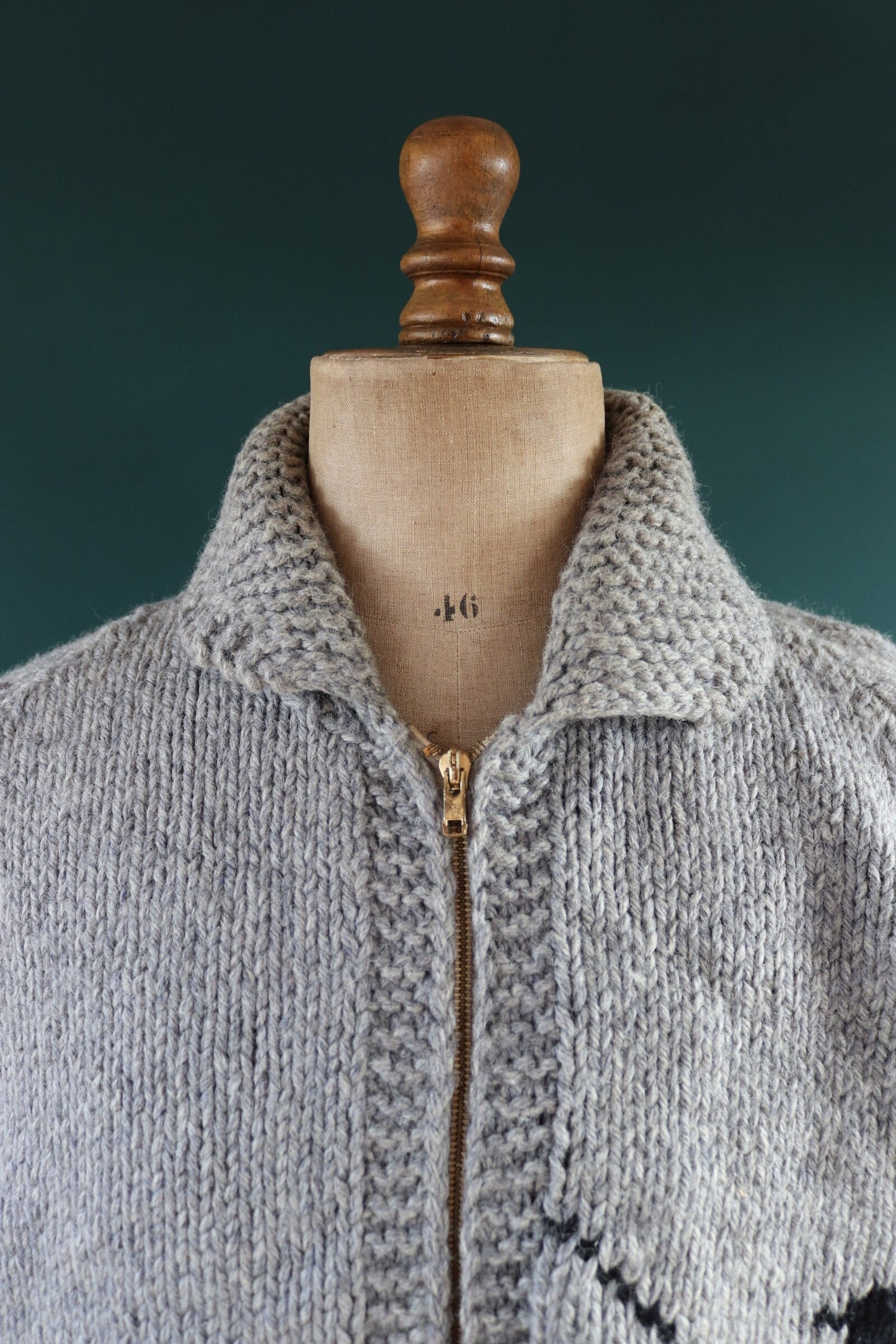 Vintage 1960s 60s hand knitted grey blue orange thick wool cowichan sweater cardigan jumper knit zipper shawl collar 50” chest