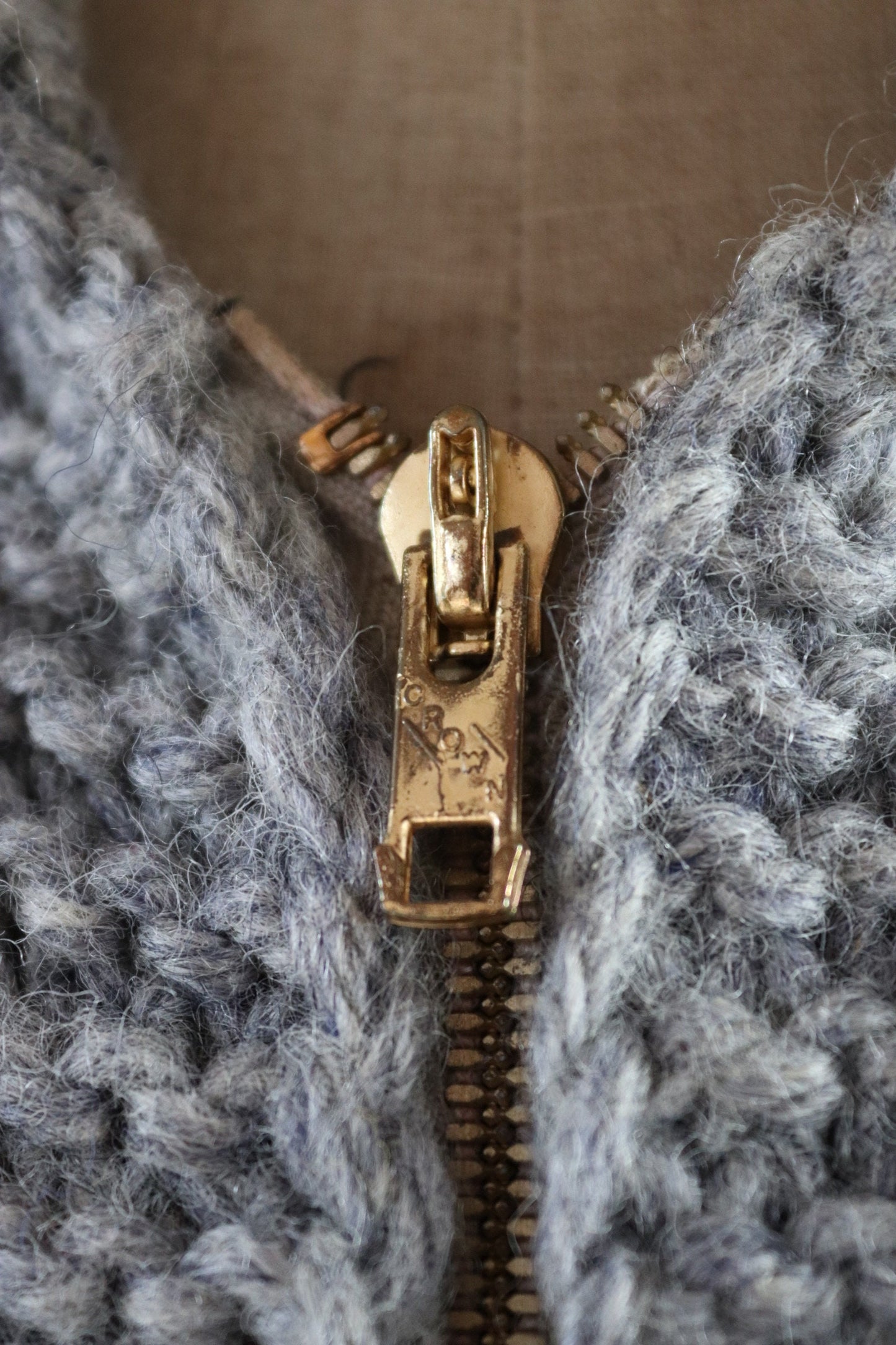 Vintage 1960s 60s hand knitted grey blue orange thick wool cowichan sweater cardigan jumper knit zipper shawl collar 50” chest