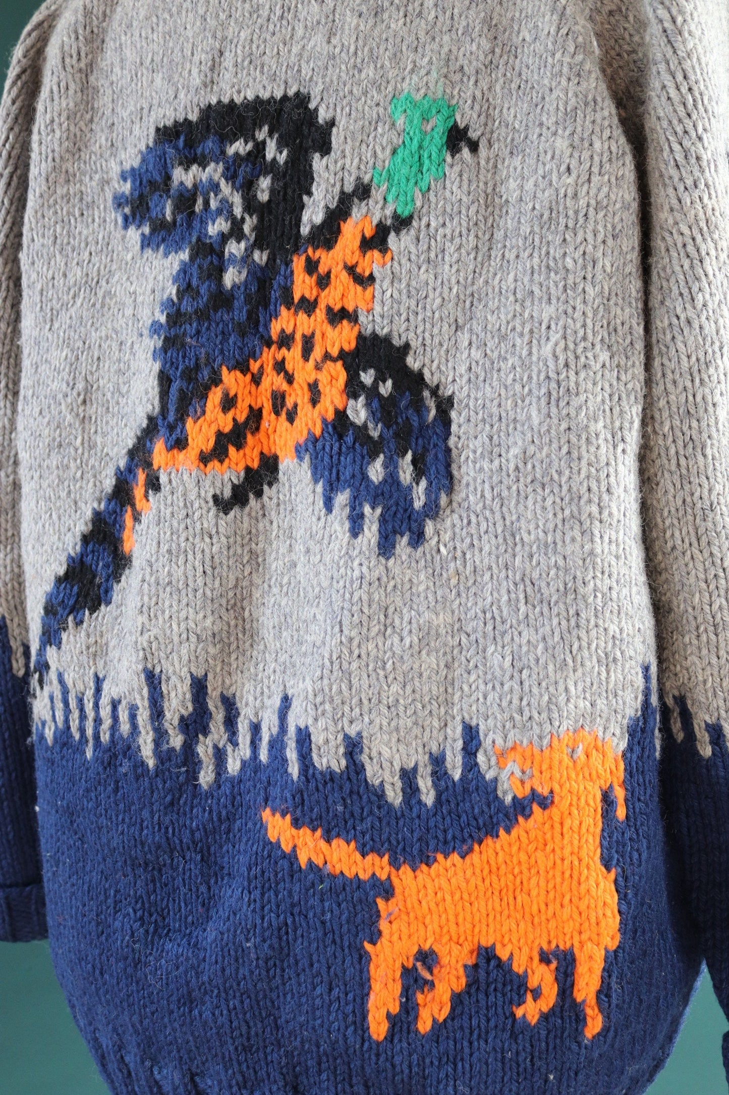 Vintage 1960s 60s hand knitted grey blue orange thick wool cowichan sweater cardigan jumper knit zipper shawl collar 50” chest