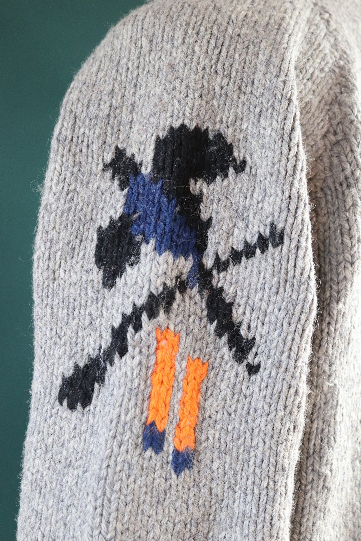 Vintage 1960s 60s hand knitted grey blue orange thick wool cowichan sweater cardigan jumper knit zipper shawl collar 50” chest