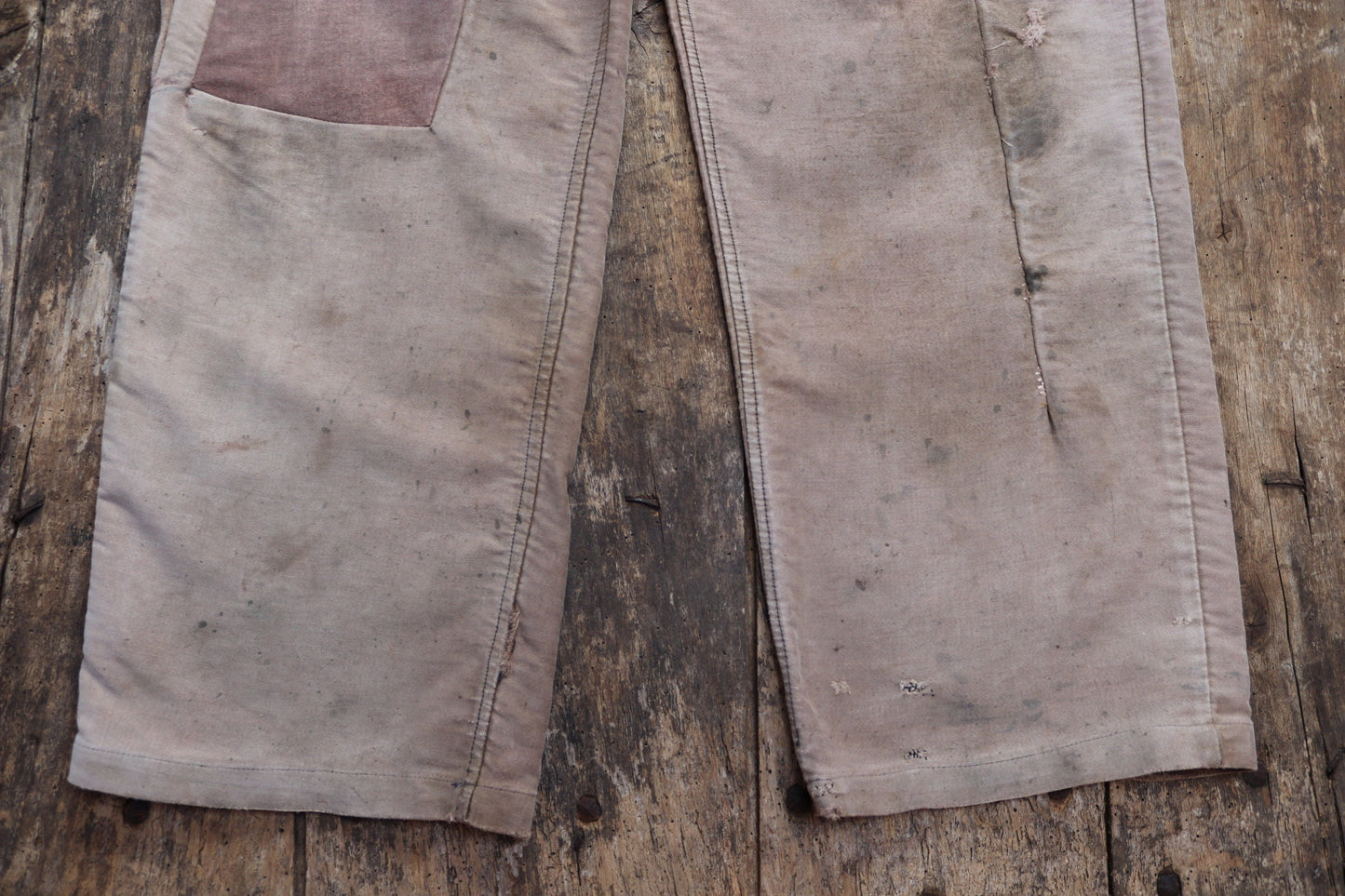 Vintage 1950s French workwear dungarees overalls Le Mont St Michel brown moleskin work chore patched repaired darned 40” 41” 42” x 28”