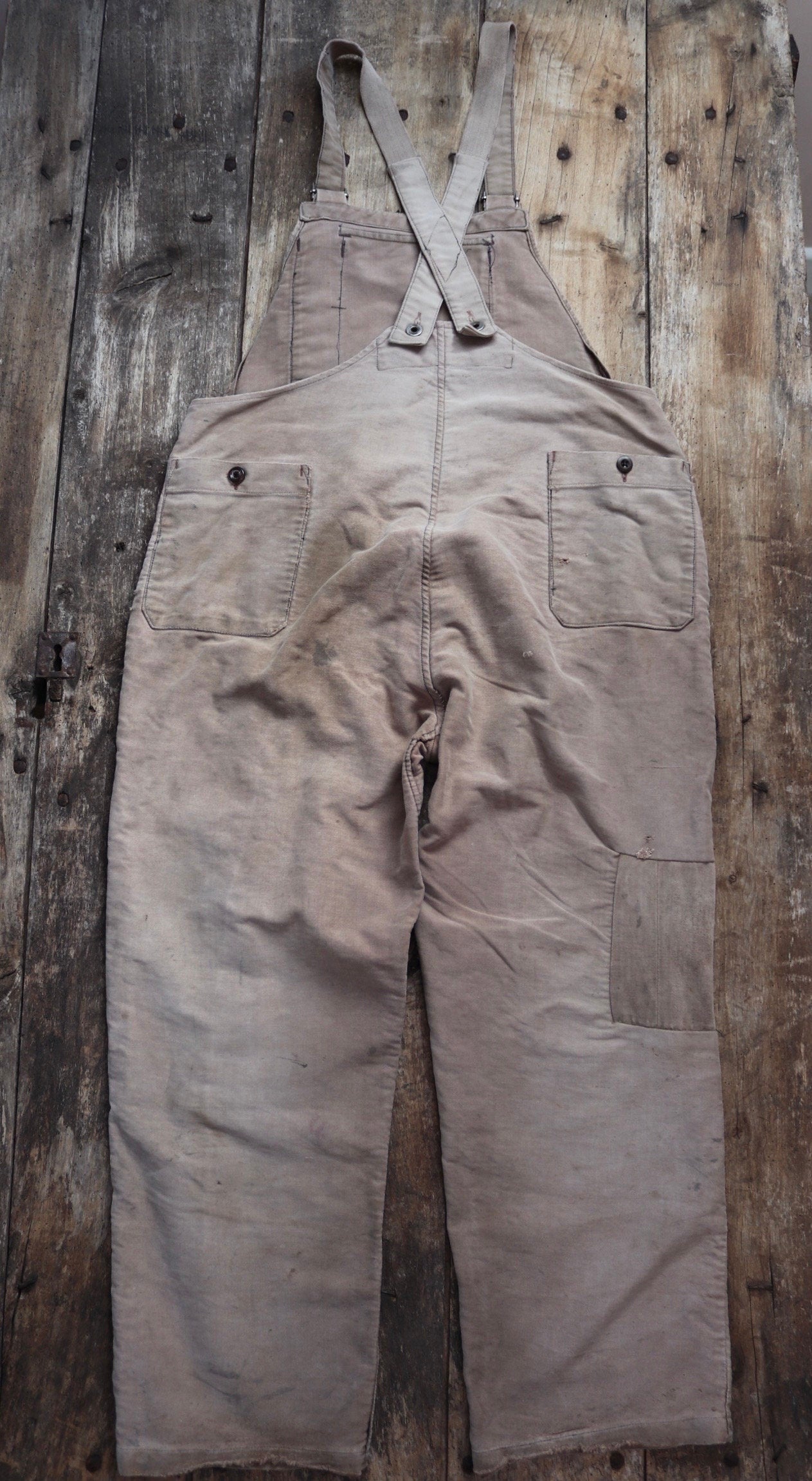 Vintage 1950s French workwear dungarees overalls Le Mont St Michel brown moleskin work chore patched repaired darned 40” 41” 42” x 28”