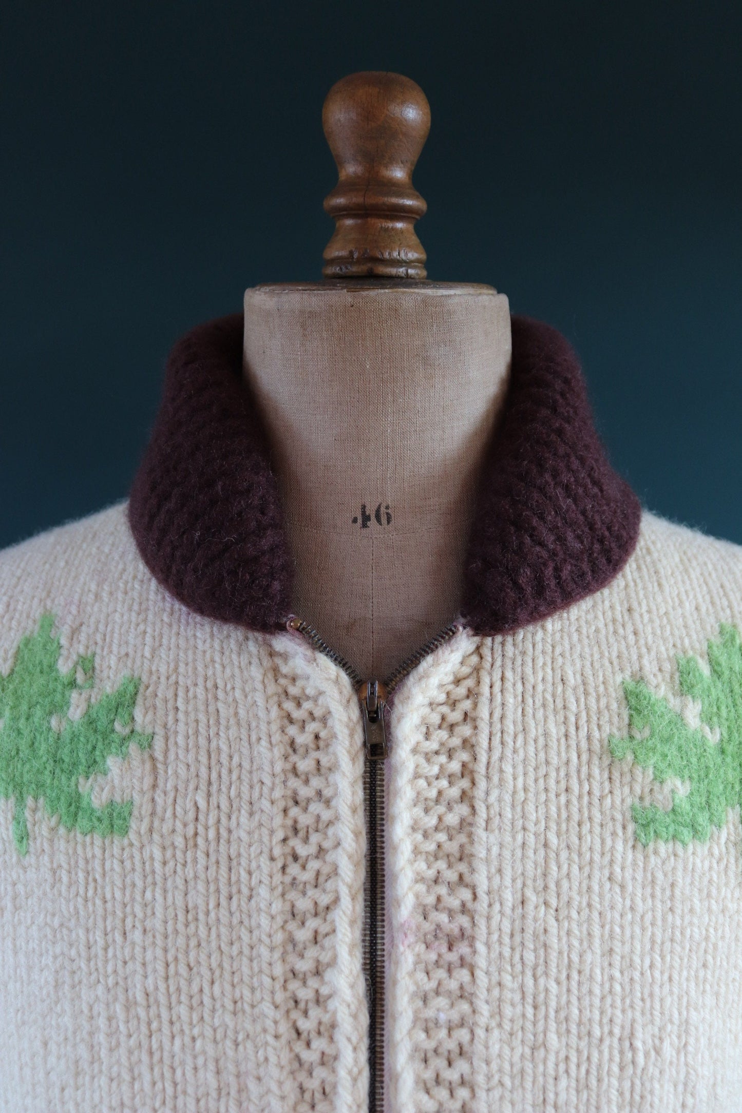 Vintage 1950 50s 1960s 60s knitted wool cowichan sweater cardigan jumper novelty hand made knit beaver shawl collar 42” chest