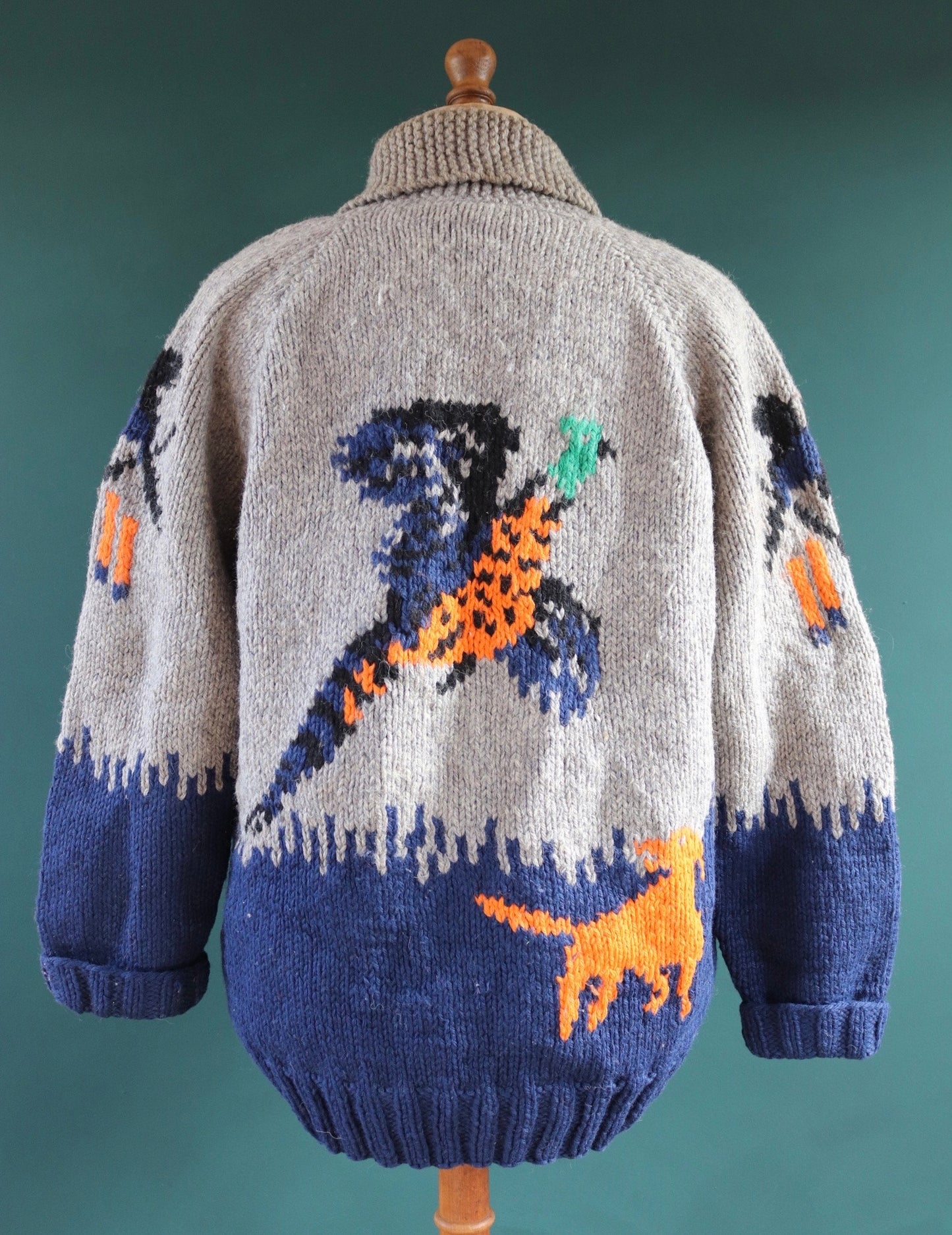 Vintage 1960s 60s hand knitted grey blue orange thick wool cowichan sweater cardigan jumper knit zipper shawl collar 50” chest