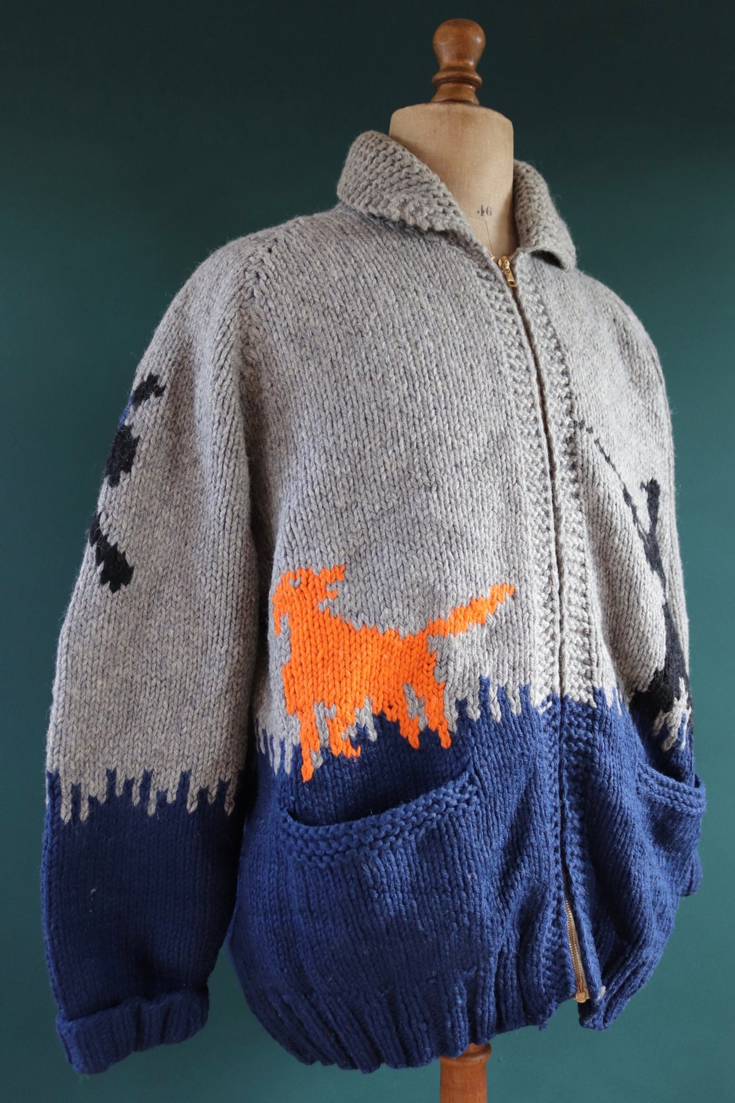 Vintage 1960s 60s hand knitted grey blue orange thick wool cowichan sweater cardigan jumper knit zipper shawl collar 50” chest