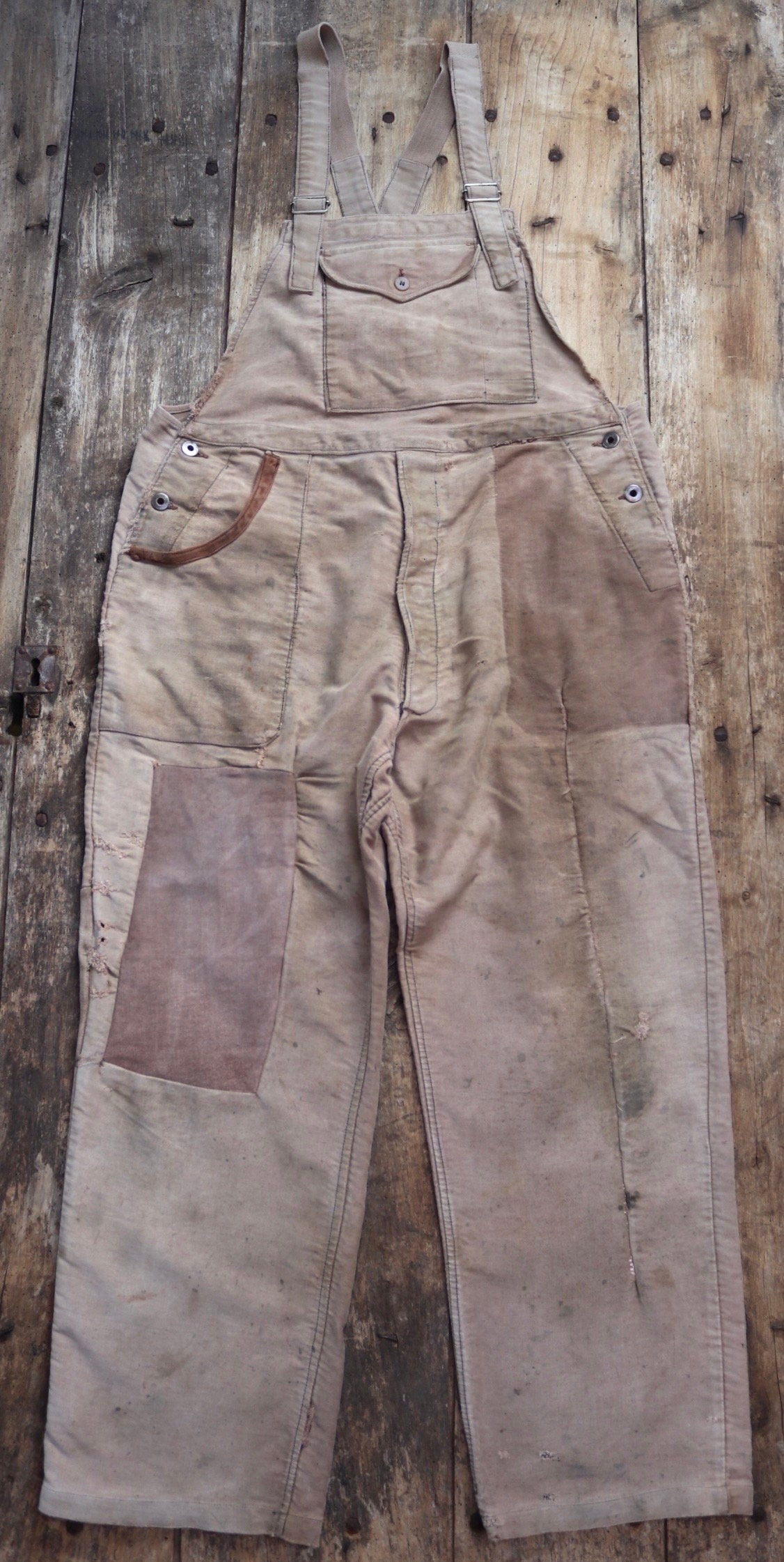 Vintage 1950s French workwear dungarees overalls Le Mont St Michel brown moleskin work chore patched repaired darned 40” 41” 42” x 28”
