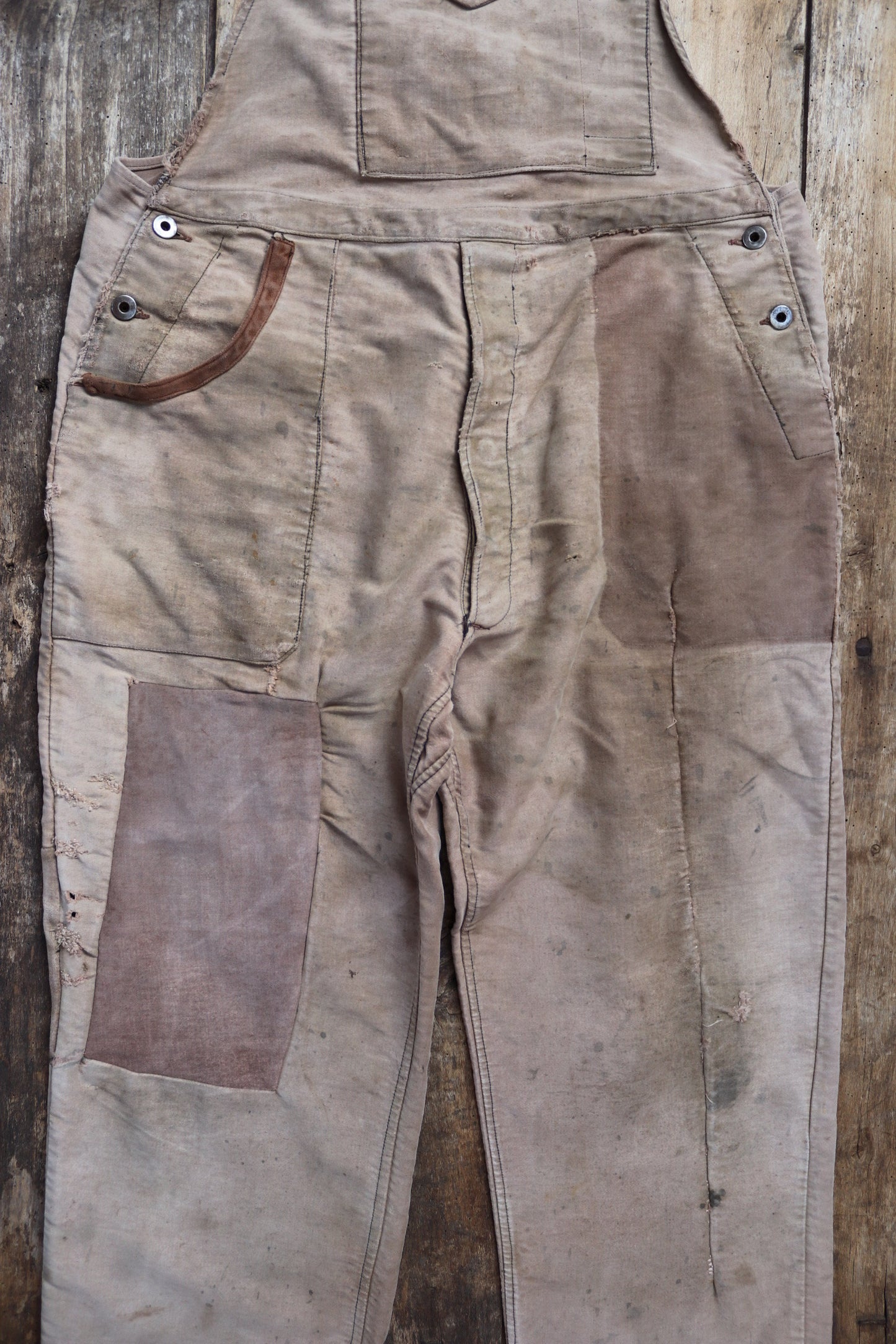 Vintage 1950s French workwear dungarees overalls Le Mont St Michel brown moleskin work chore patched repaired darned 40” 41” 42” x 28”