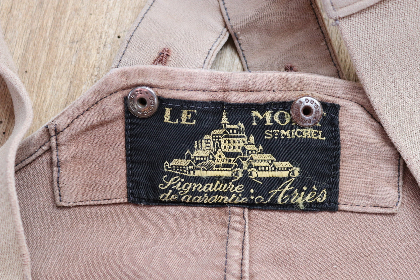 Vintage 1950s French workwear dungarees overalls Le Mont St Michel brown moleskin work chore patched repaired darned 40” 41” 42” x 28”