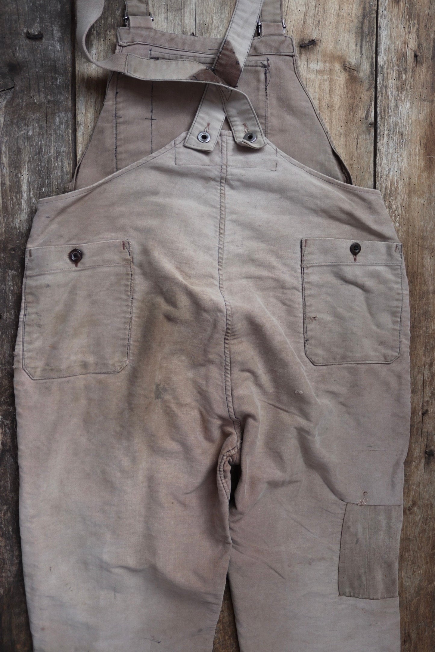 Vintage 1950s French workwear dungarees overalls Le Mont St Michel brown moleskin work chore patched repaired darned 40” 41” 42” x 28”