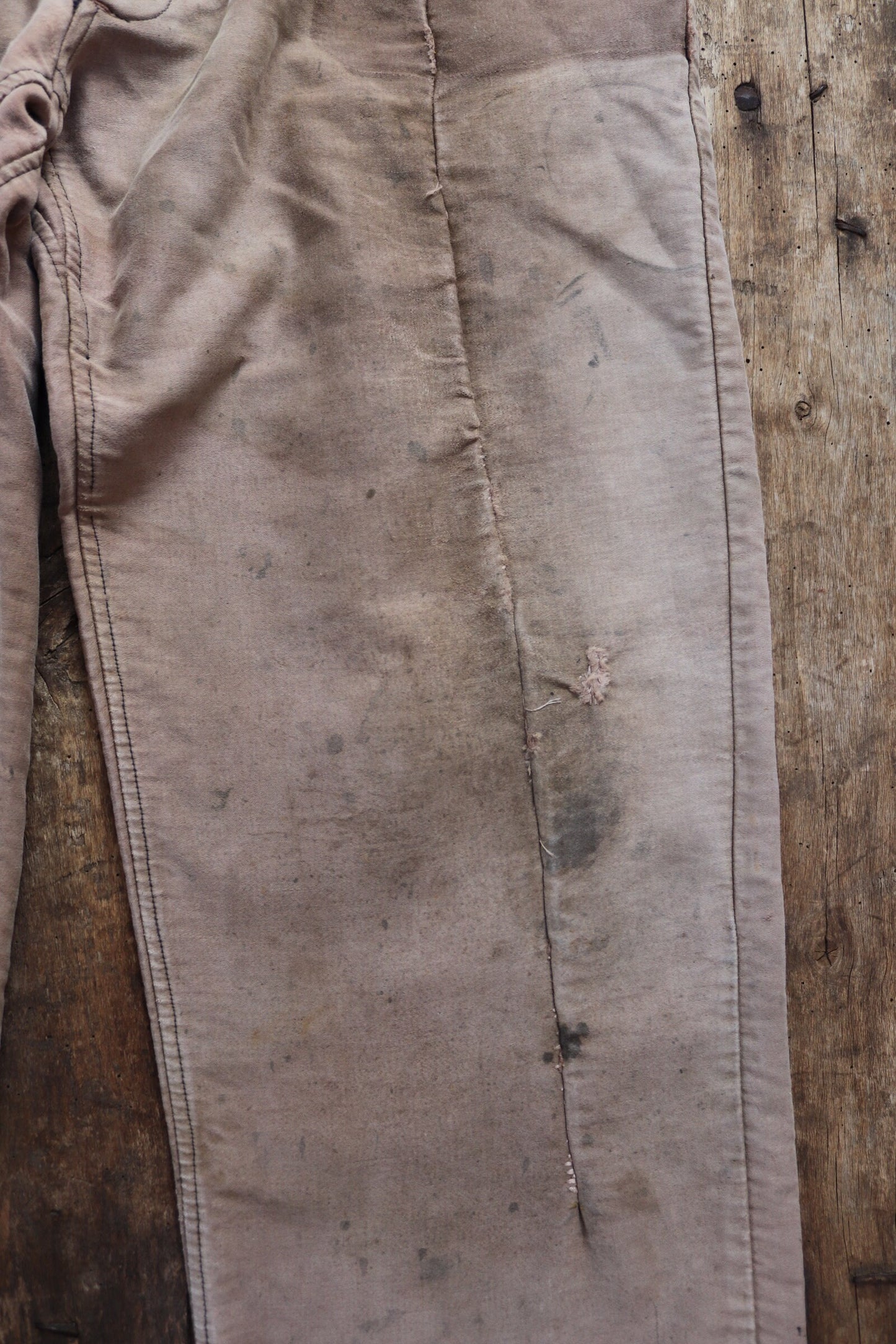 Vintage 1950s French workwear dungarees overalls Le Mont St Michel brown moleskin work chore patched repaired darned 40” 41” 42” x 28”