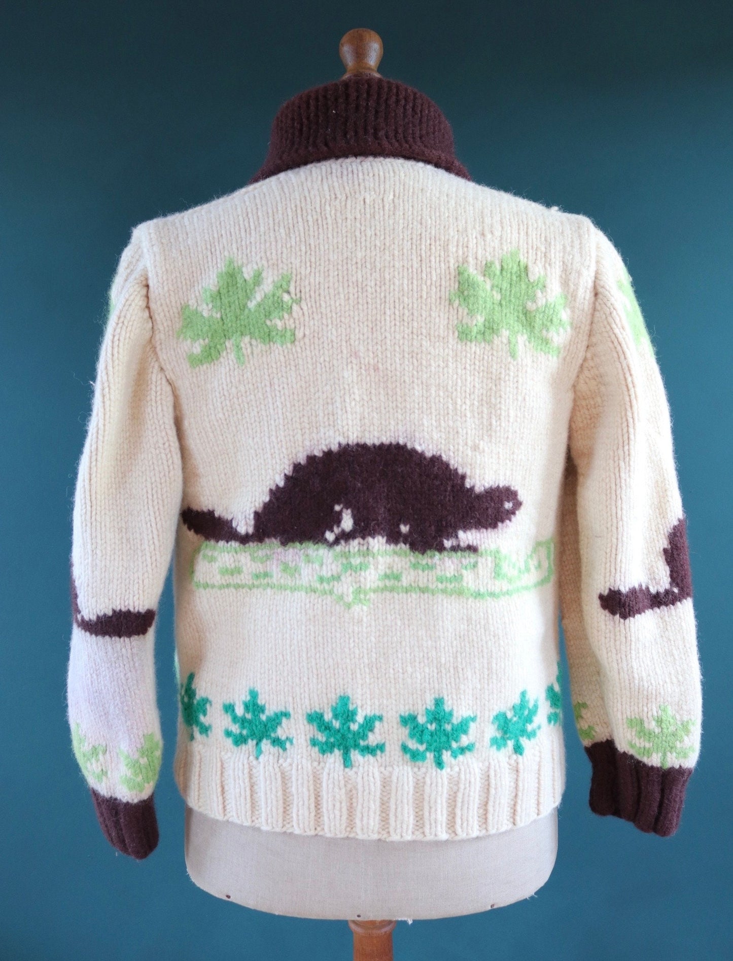 Vintage 1950 50s 1960s 60s knitted wool cowichan sweater cardigan jumper novelty hand made knit beaver shawl collar 42” chest