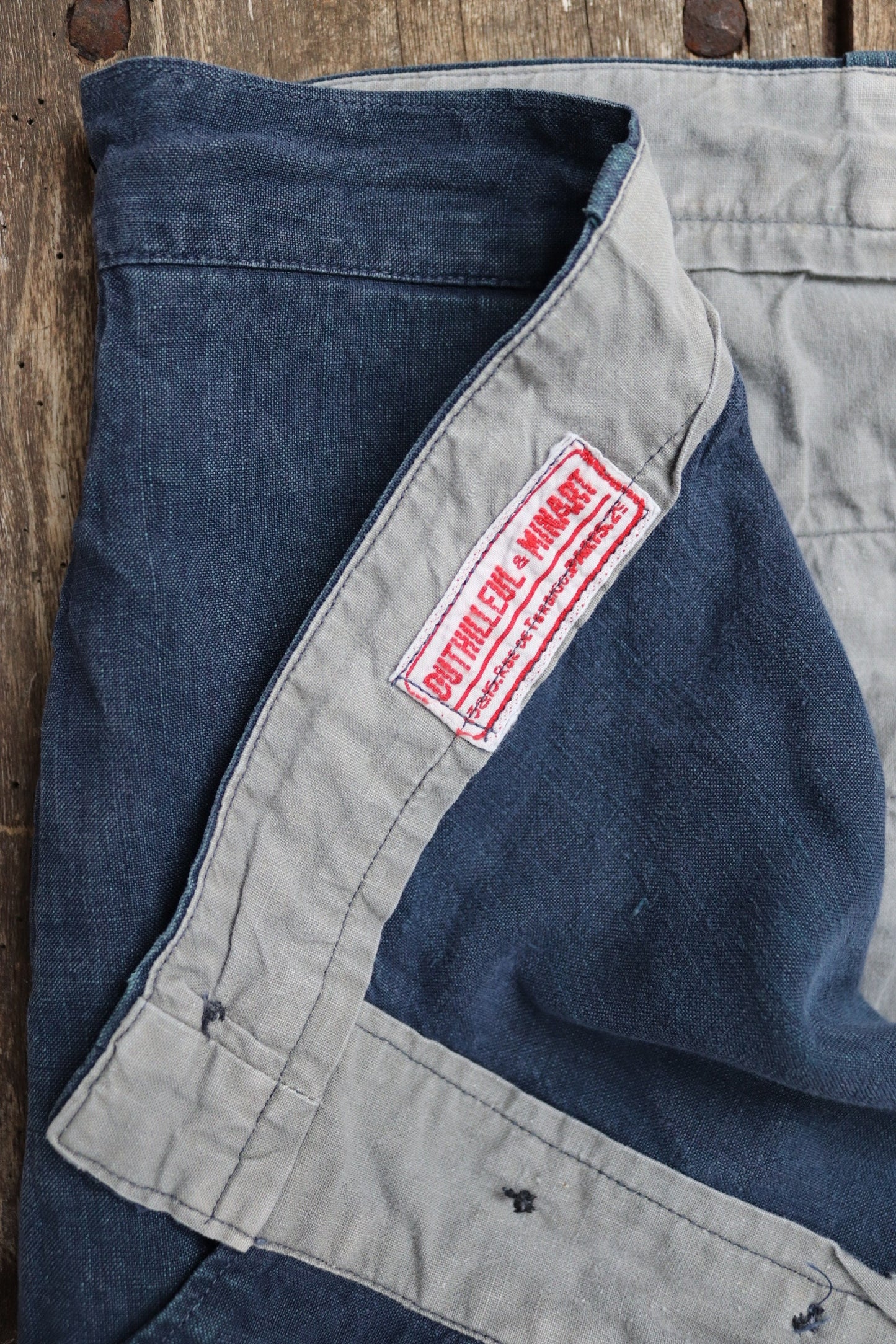 Vintage French linen workwear trousers pants 1930s 1940s indigo maquignon work chore repaired darned 44” x 34”