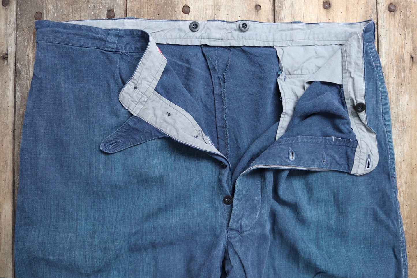 Vintage French linen workwear trousers pants 1930s 1940s indigo maquignon work chore repaired darned 44” x 34”