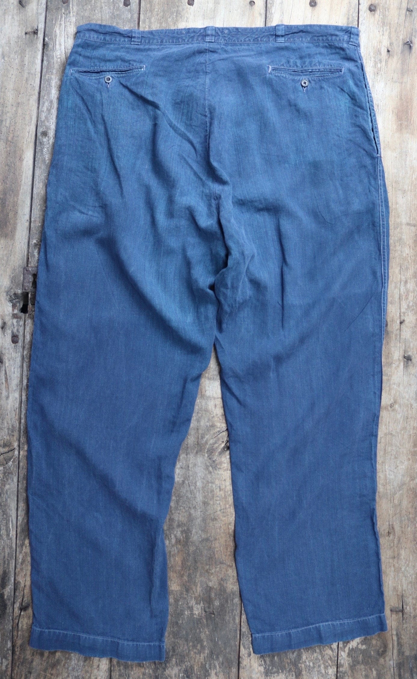 Vintage French linen workwear trousers pants 1930s 1940s indigo maquignon work chore repaired darned 44” x 34”
