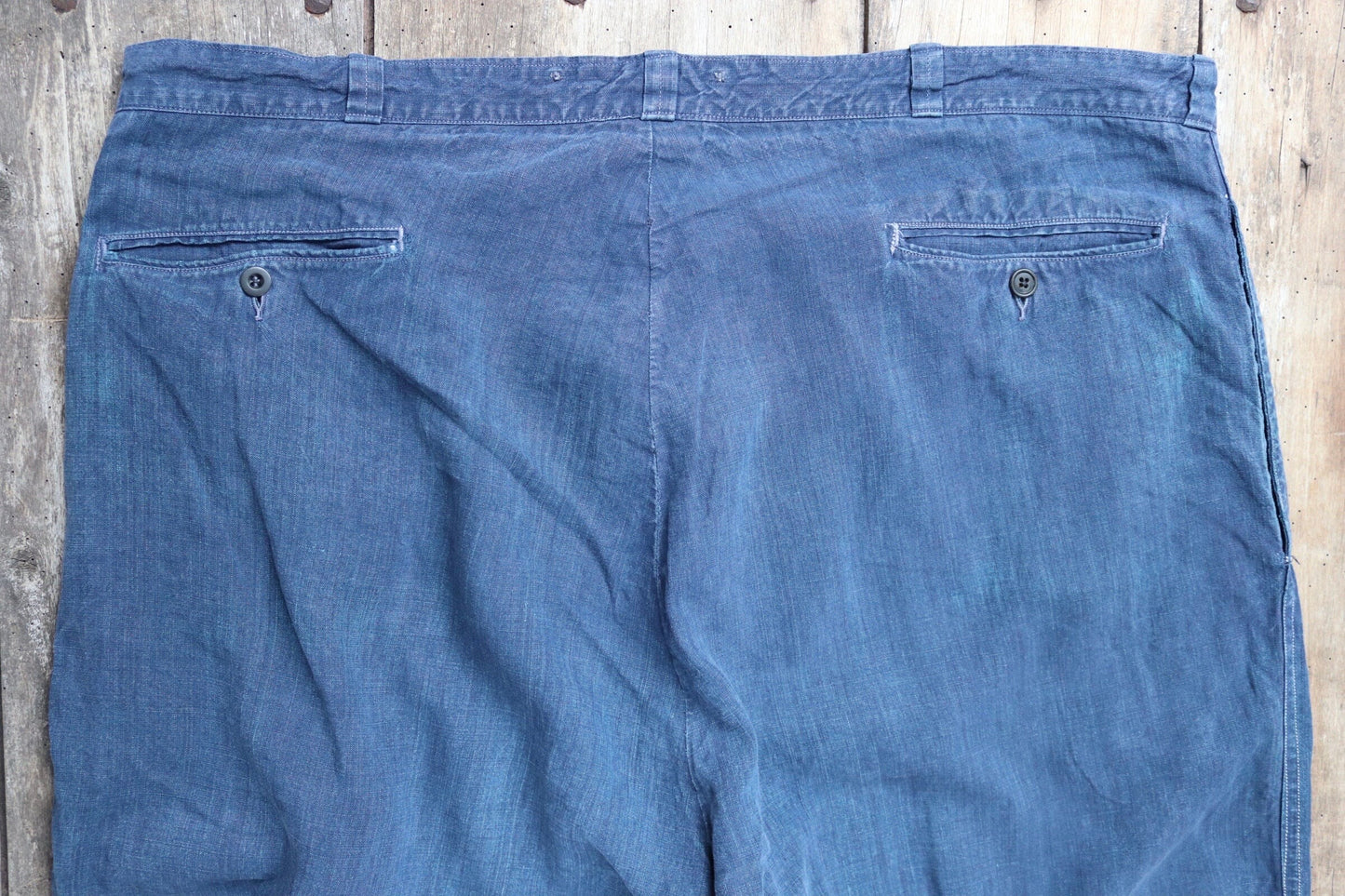 Vintage French linen workwear trousers pants 1930s 1940s indigo maquignon work chore repaired darned 44” x 34”