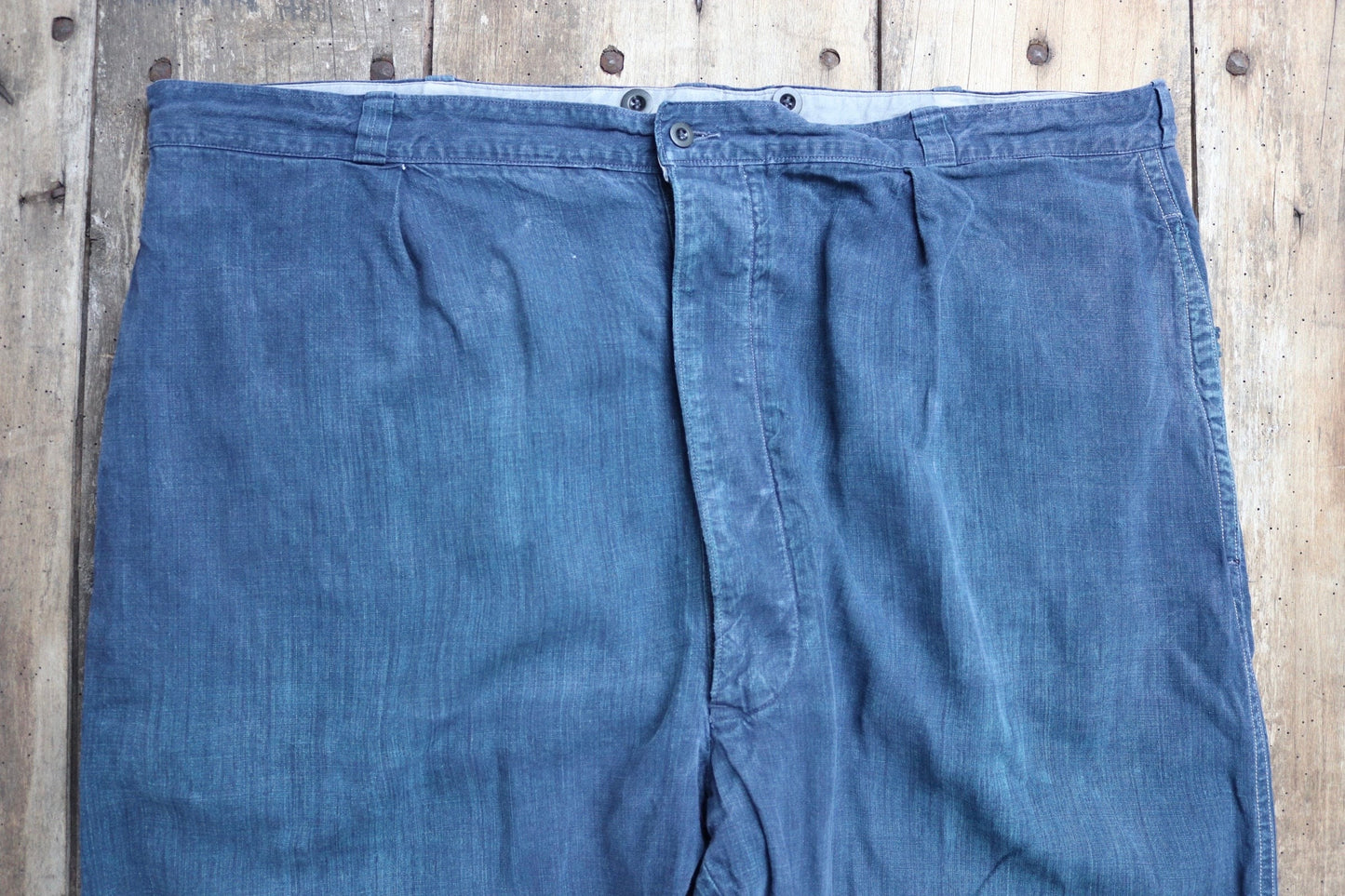 Vintage French linen workwear trousers pants 1930s 1940s indigo maquignon work chore repaired darned 44” x 34”
