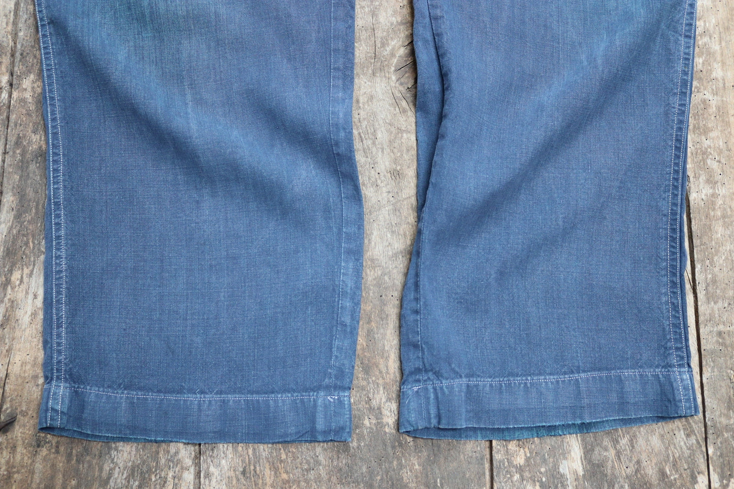 Vintage French linen workwear trousers pants 1930s 1940s indigo maquignon work chore repaired darned 44” x 34”