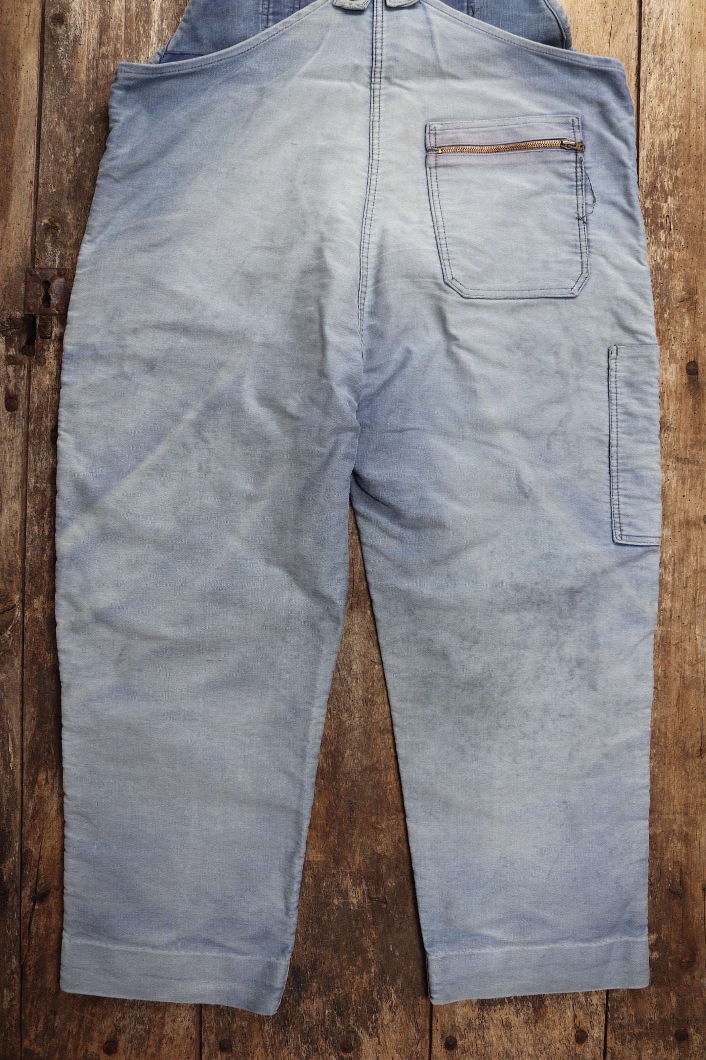Vintage 1960s 1970s French dungarees blue moleskin overalls work chore workwear patched faded darned 40” 42” x 24”