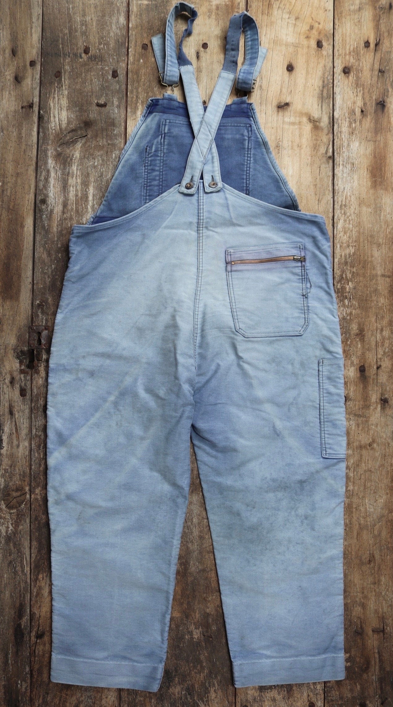 Vintage 1960s 1970s French dungarees blue moleskin overalls work chore workwear patched faded darned 40” 42” x 24”