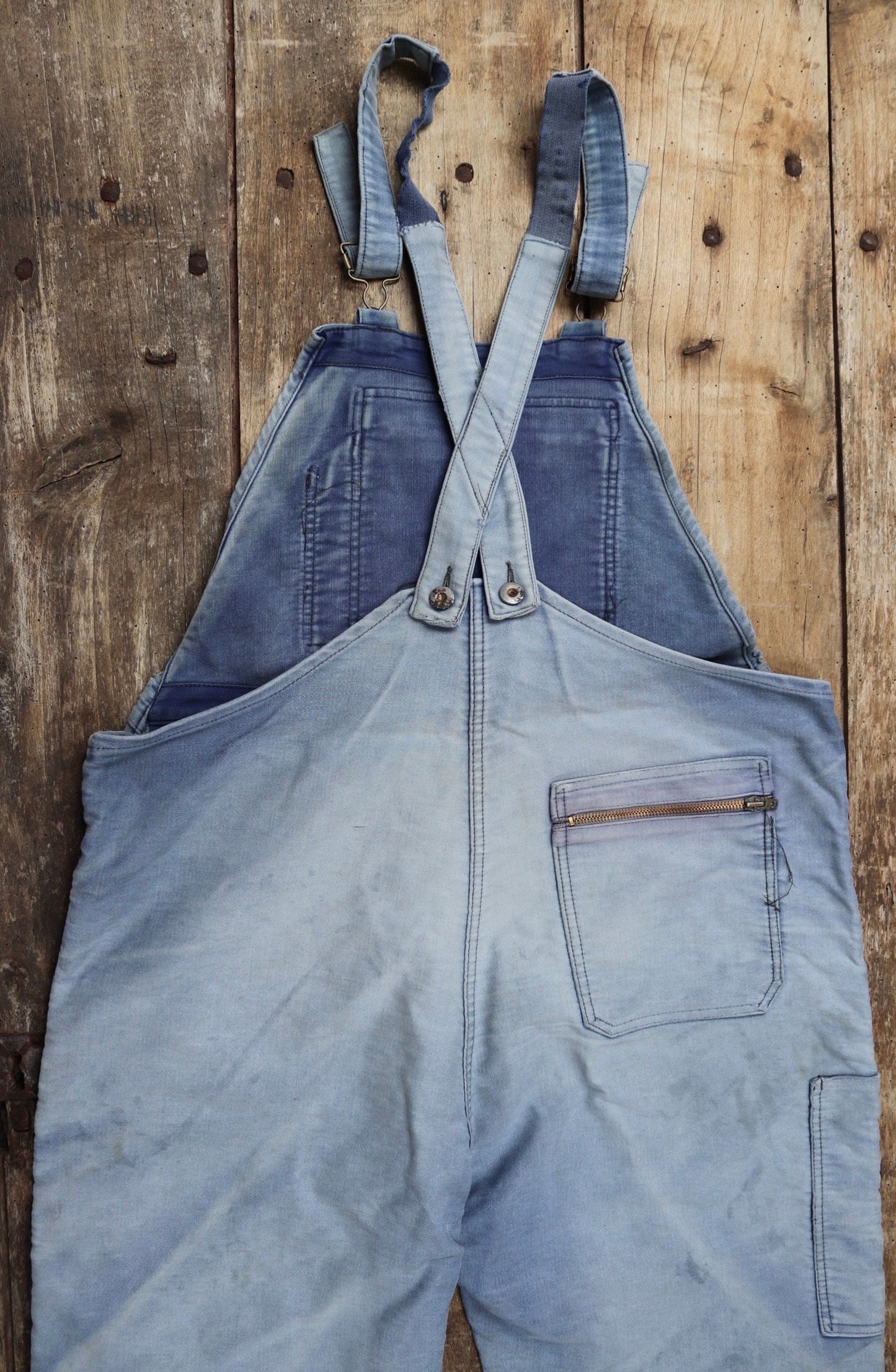 Vintage 1960s 1970s French dungarees blue moleskin overalls work chore workwear patched faded darned 40” 42” x 24”