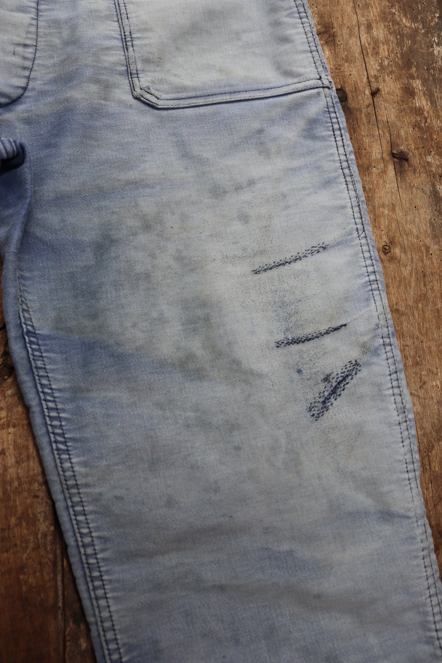 Vintage 1960s 1970s French dungarees blue moleskin overalls work chore workwear patched faded darned 40” 42” x 24”