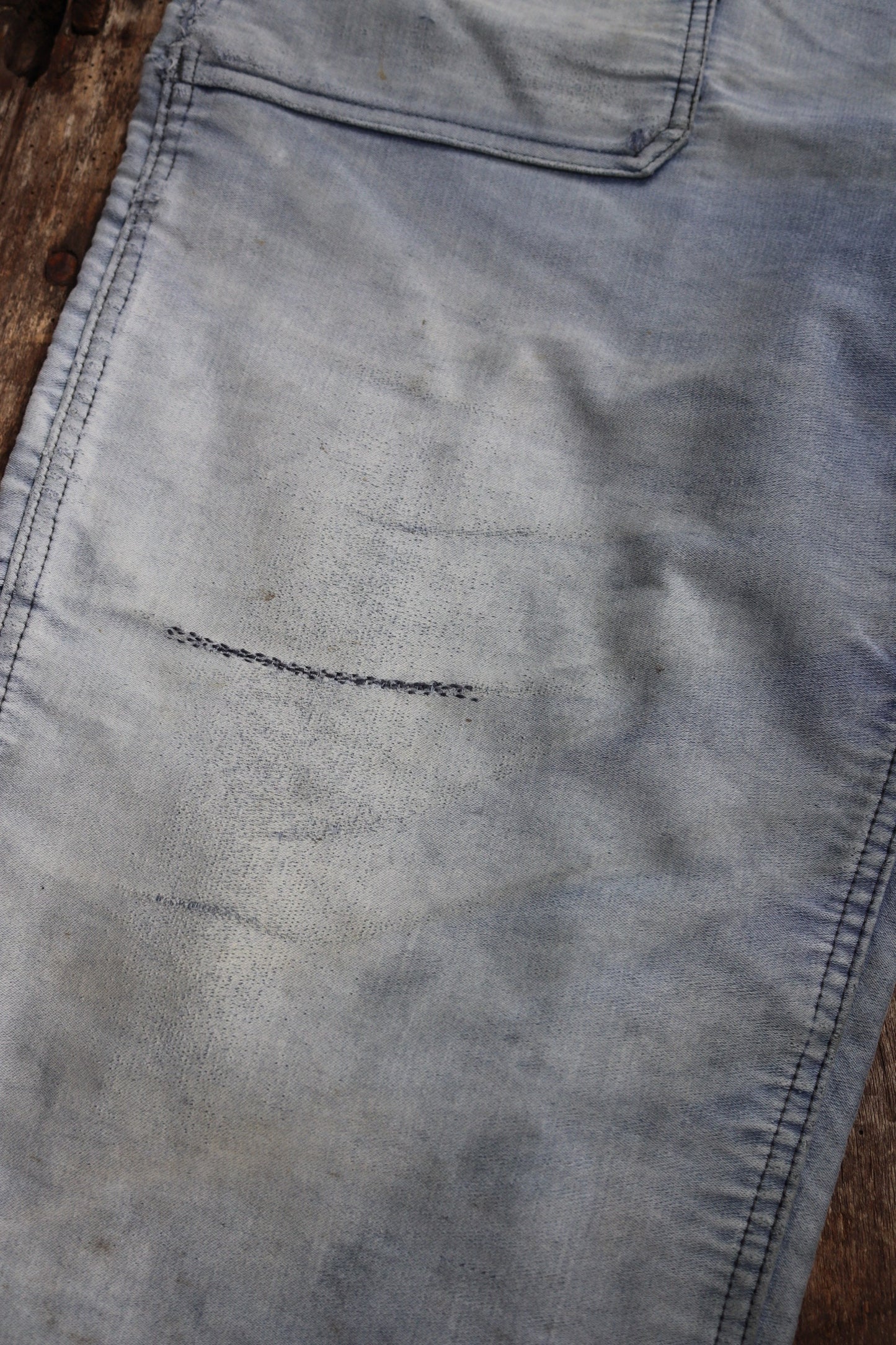 Vintage 1960s 1970s French dungarees blue moleskin overalls work chore workwear patched faded darned 40” 42” x 24”