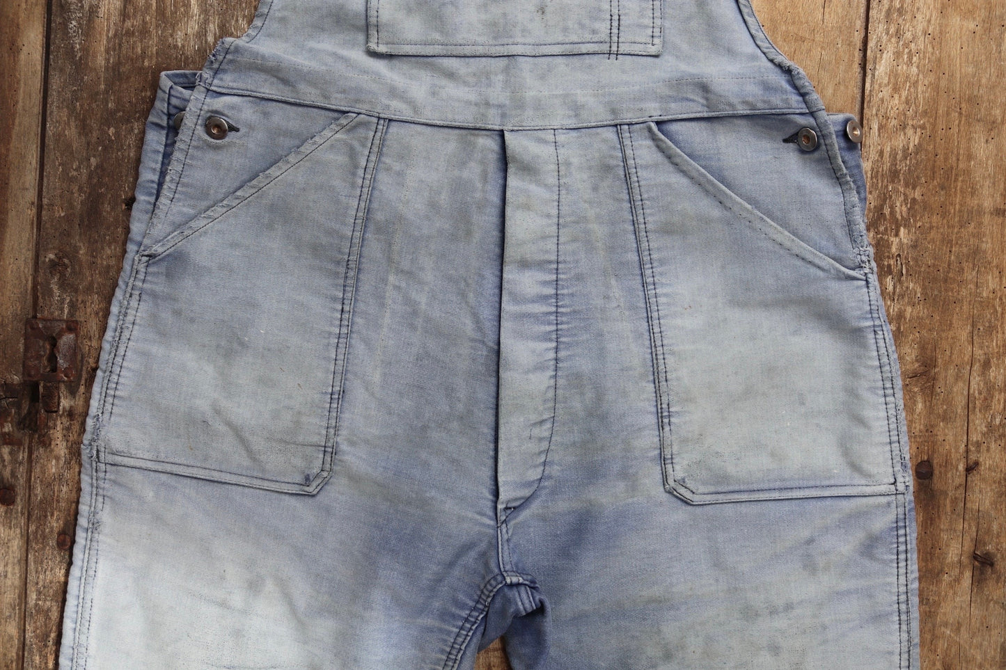Vintage 1960s 1970s French dungarees blue moleskin overalls work chore workwear patched faded darned 40” 42” x 24”