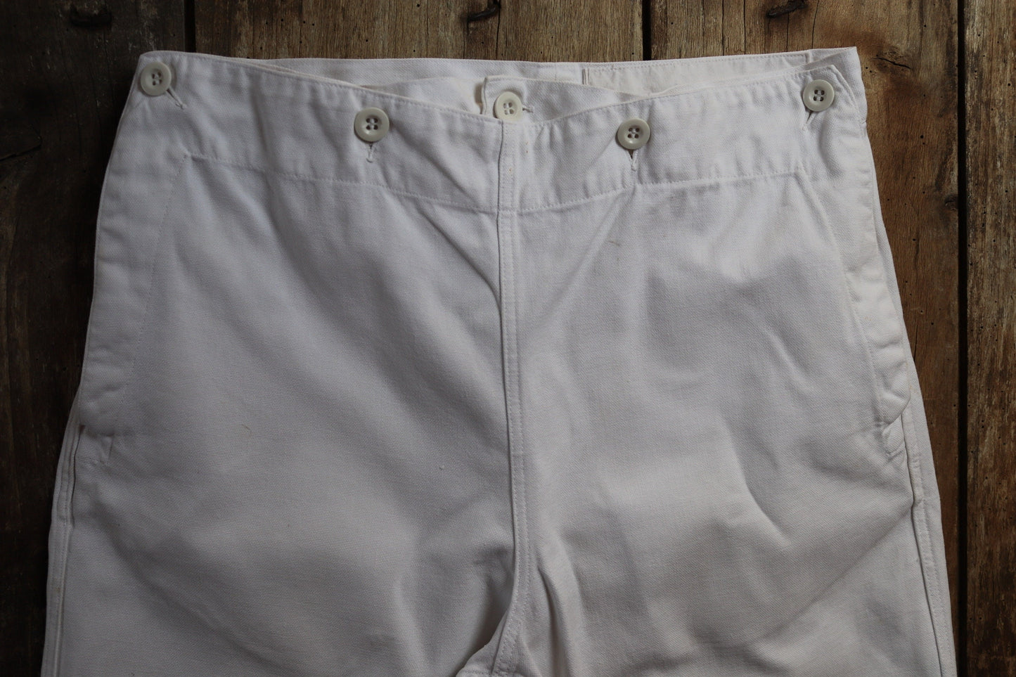 Vintage French white cotton trousers pants 1950s 1960s fall front wide leg Marine Nationale navy naval 31” x 28” riviera beach