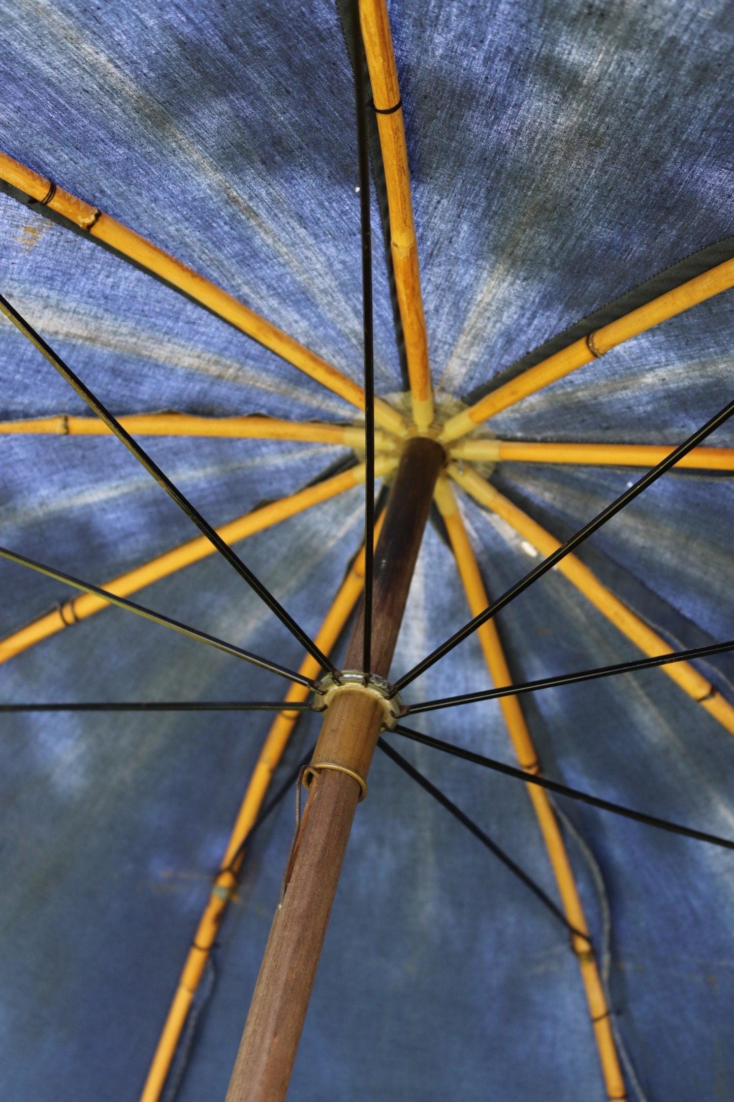 Vintage French garden parasol umbrella workwear 1920s 1930s shepherd sun faded indigo work chore farm patio