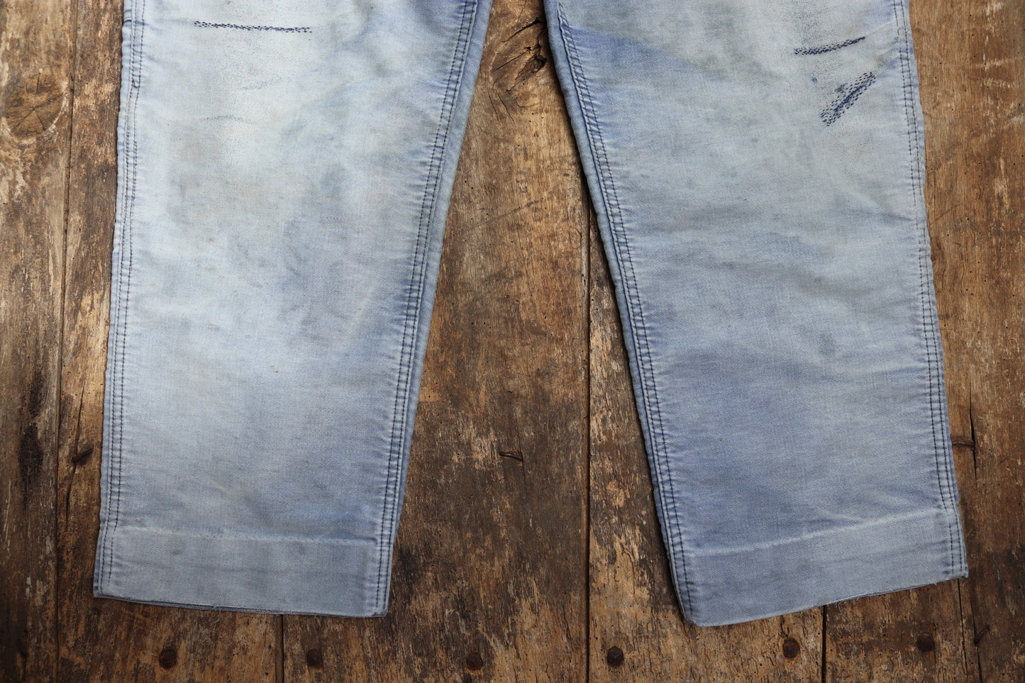 Vintage 1960s 1970s French dungarees blue moleskin overalls work chore workwear patched faded darned 40” 42” x 24”