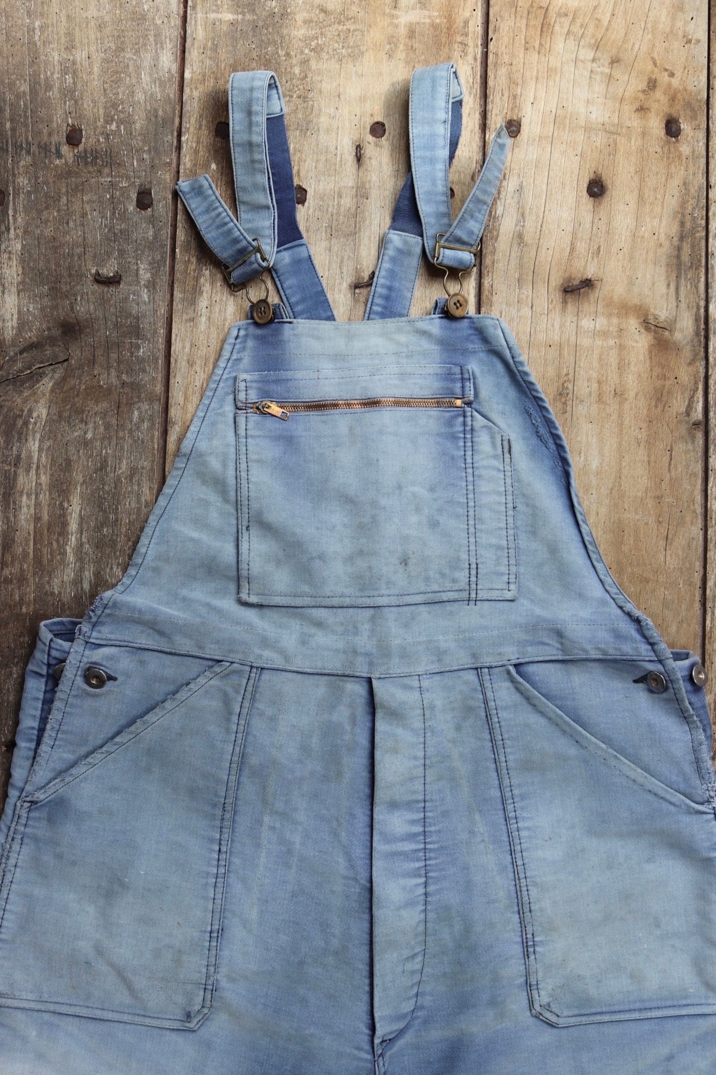Vintage 1960s 1970s French dungarees blue moleskin overalls work chore workwear patched faded darned 40” 42” x 24”