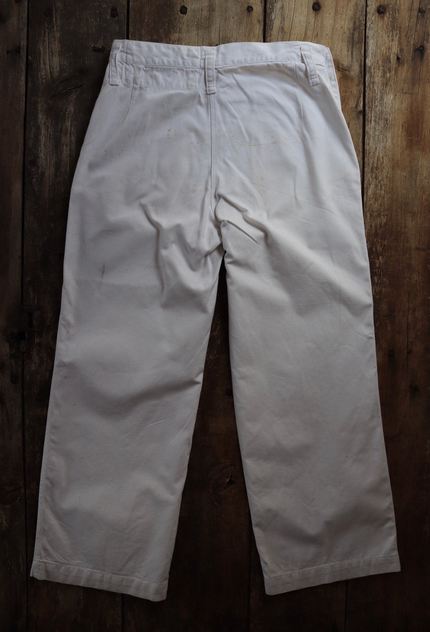 Vintage French white cotton trousers pants 1950s 1960s fall front wide leg Marine Nationale navy naval 31” x 28” riviera beach