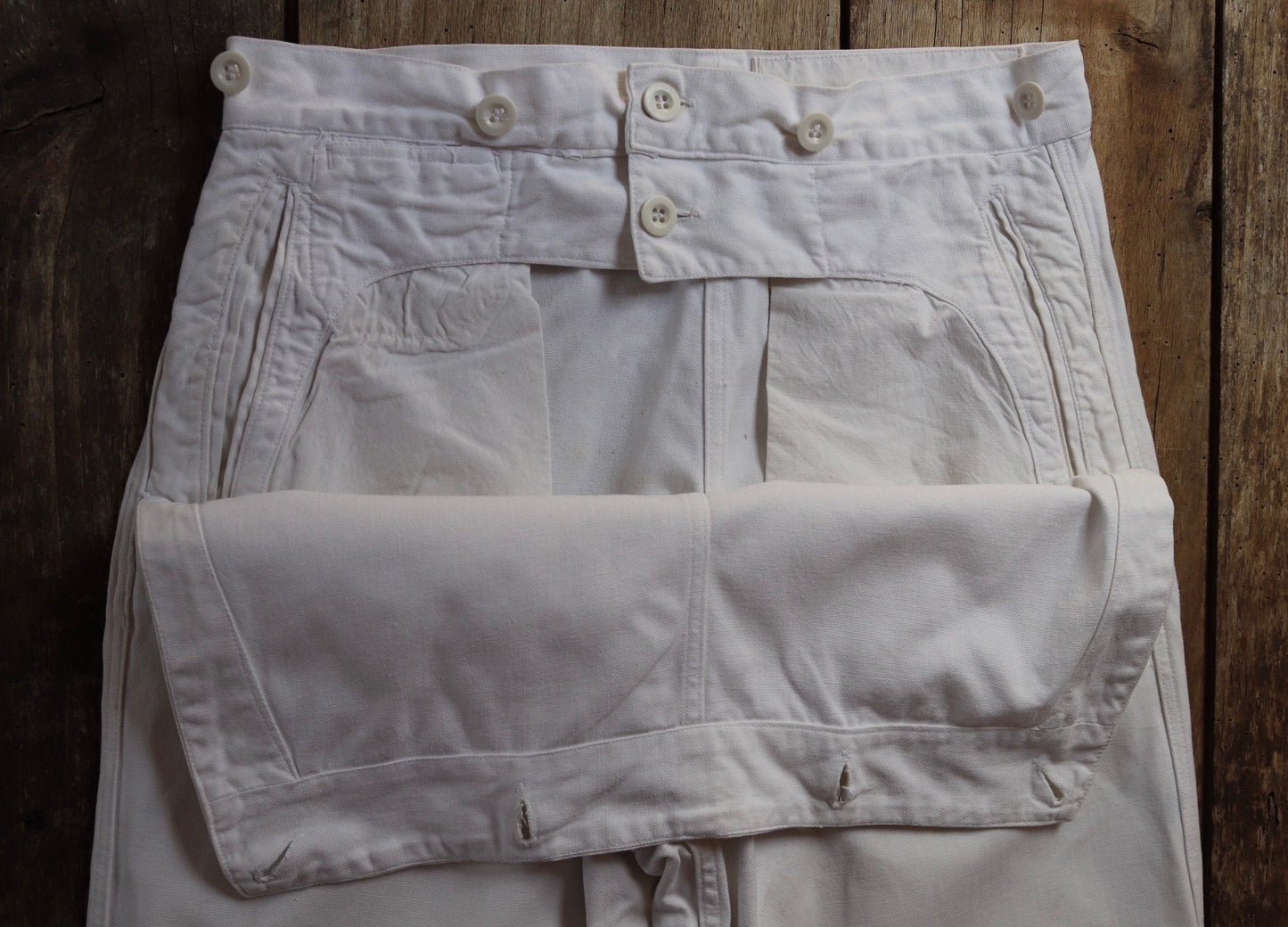 Vintage French white cotton trousers pants 1950s 1960s fall front wide leg Marine Nationale navy naval 31” x 28” riviera beach