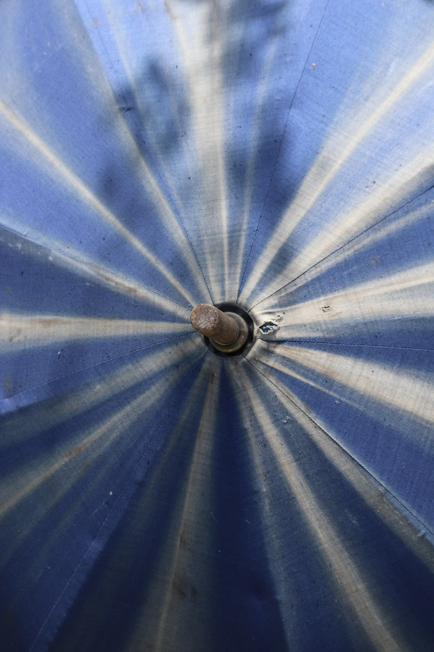 Vintage French indigo parasol for garden and patio - sun faded workwear - 1920s 30s umbrella - shepherd