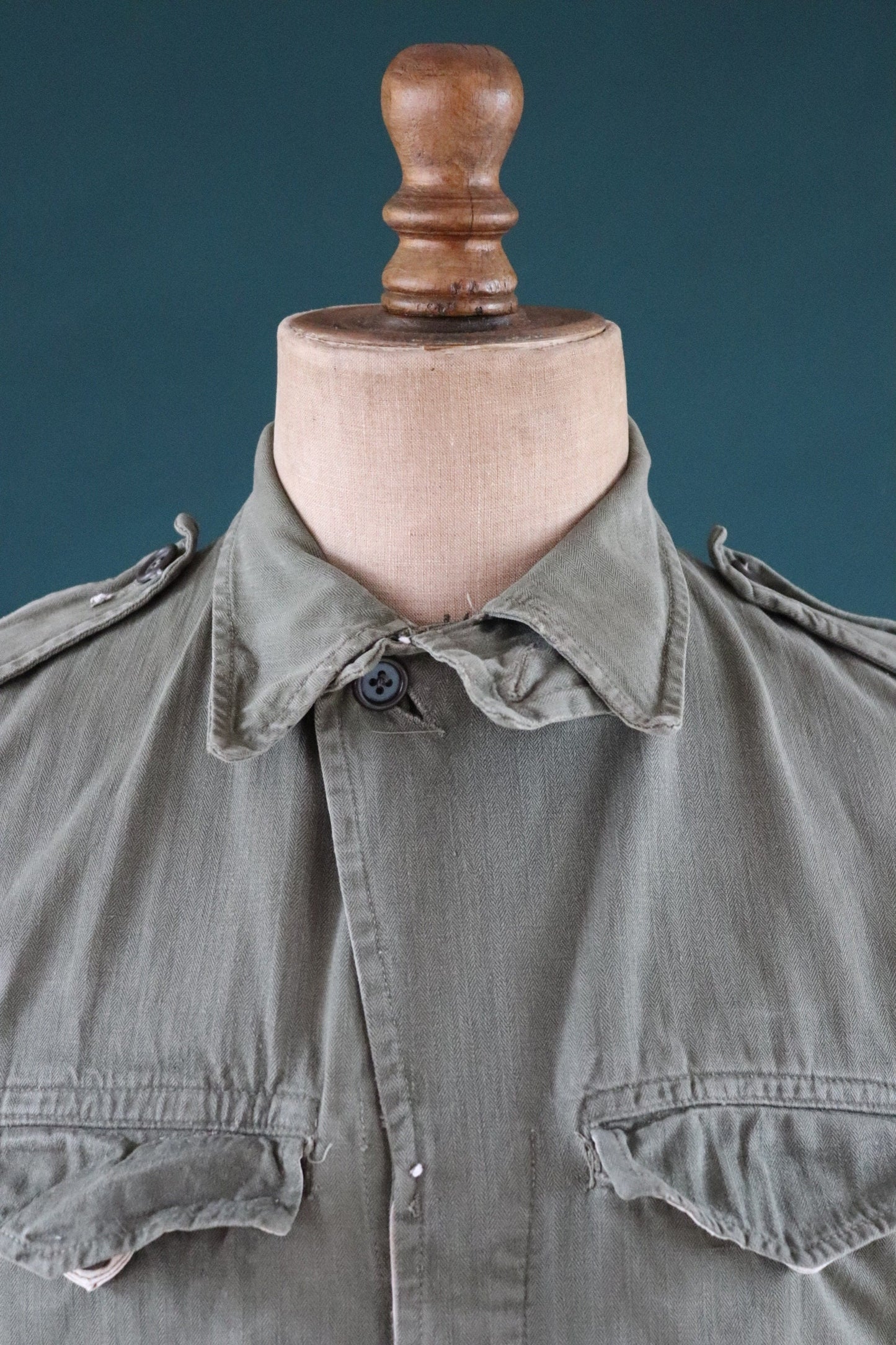 Vintage French army jacket 1950s M47 M 47 field utility military 41” chest khaki green HBT herringbone twill