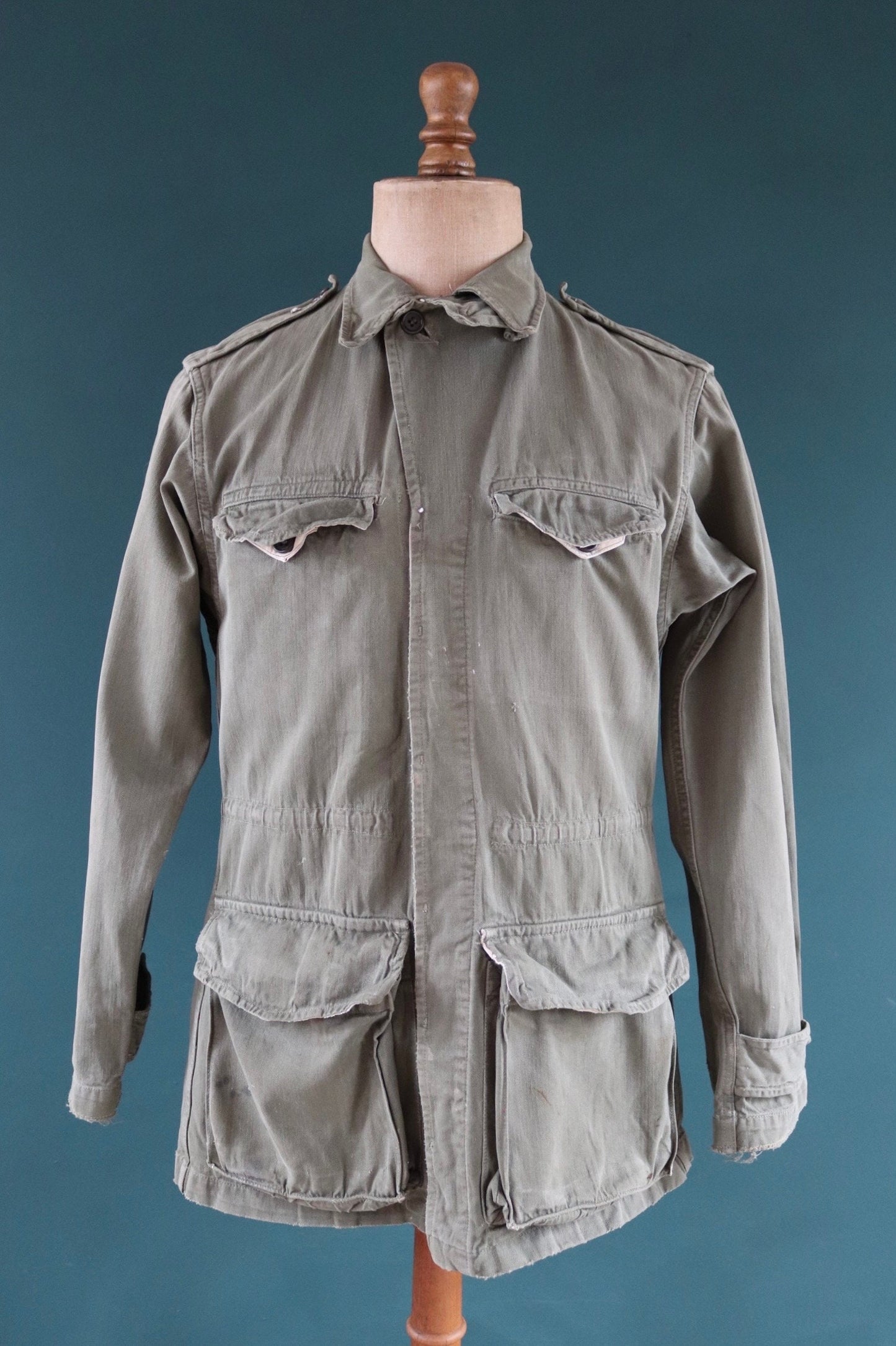 Vintage French army jacket 1950s M47 M 47 field utility military 41” chest khaki green HBT herringbone twill